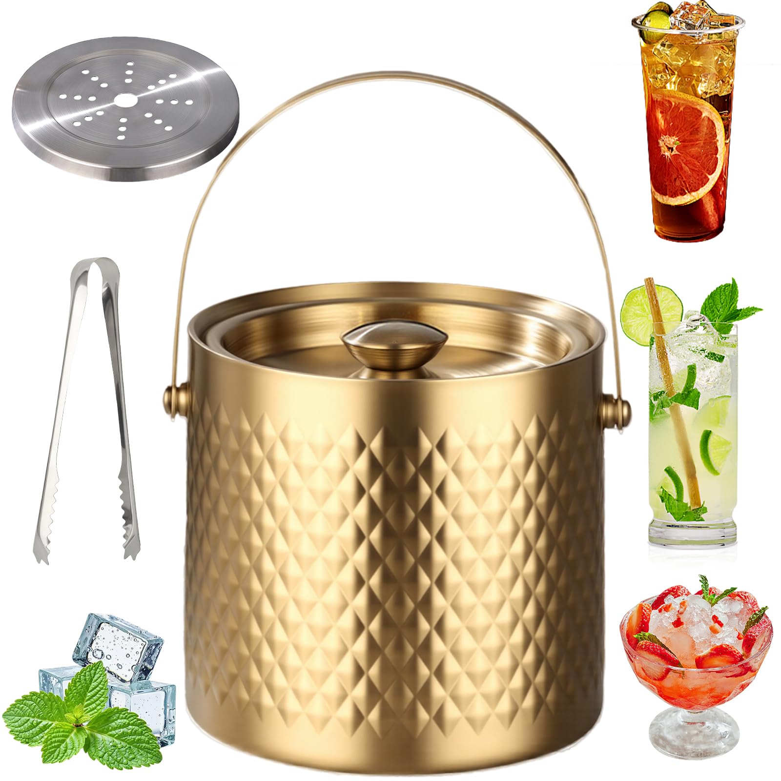 Cubo de hielo de 3L en acero inoxidable dorado con tapa y doble pared