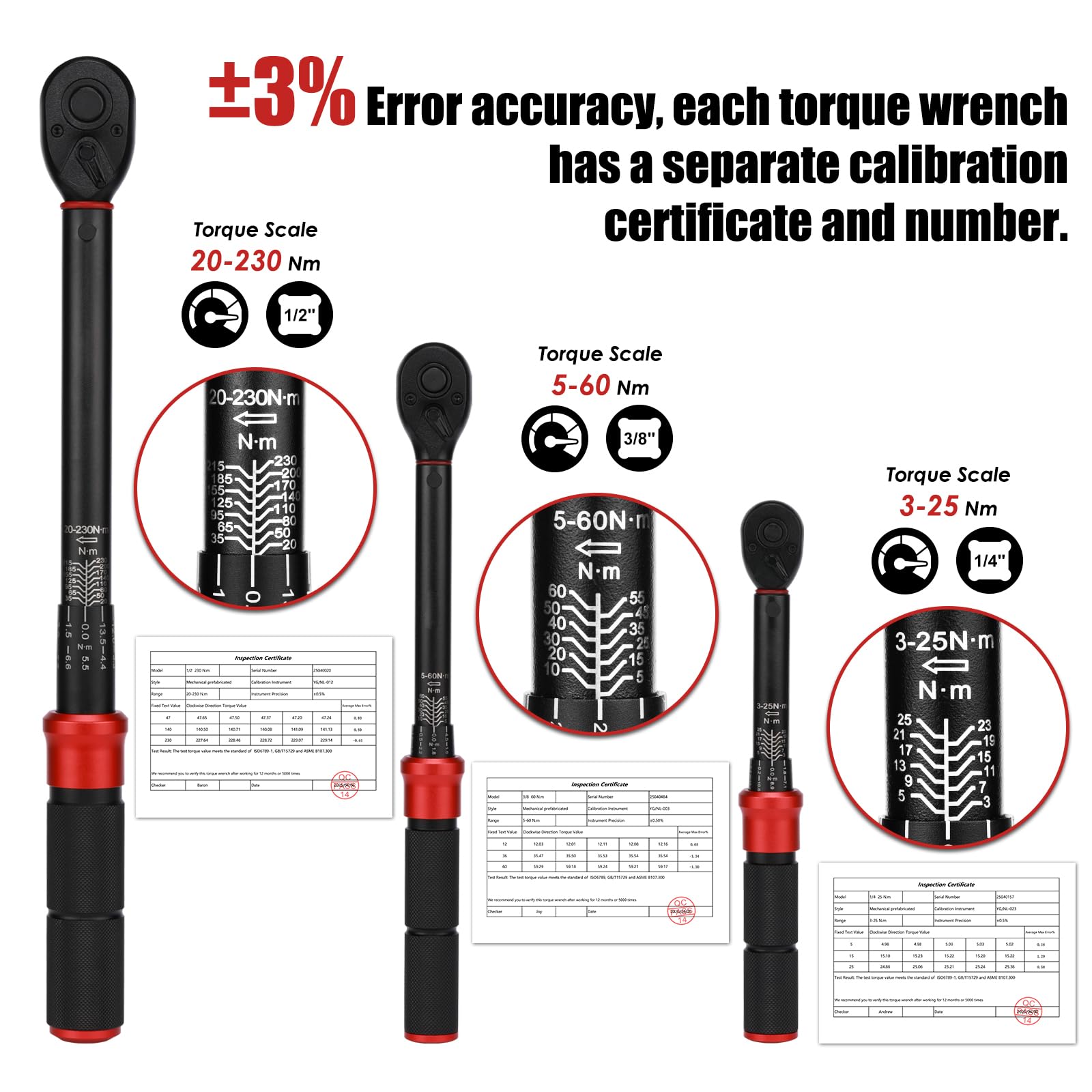 MIXPOWER 9 PCS Torque Wrench Set, 1/4" Dr. 3-25 Nm, 3/8" Dr. 5-60 Nm, 1/2" Dr. 20-230 Nm, with Adapter and Extension Bar, CR-V - Image 4