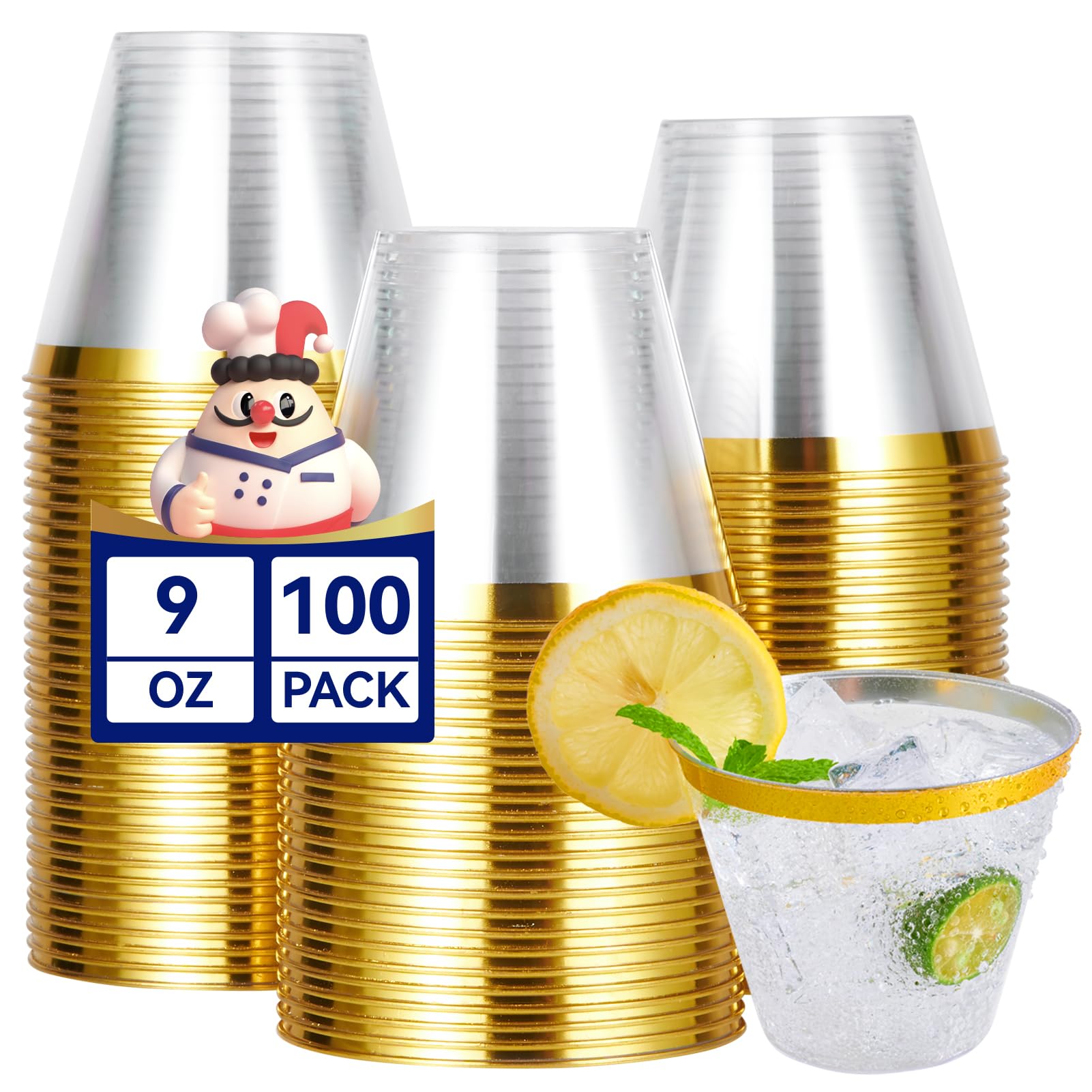 JOLLY CHEF 100 Pack Gold Plastic Cups, 9 oz Clear Plastic Tumblers, Elegant Gold Rimmed Cups, Disposable Glasses for Wedding, Thanksgiving Day, Christmas Party