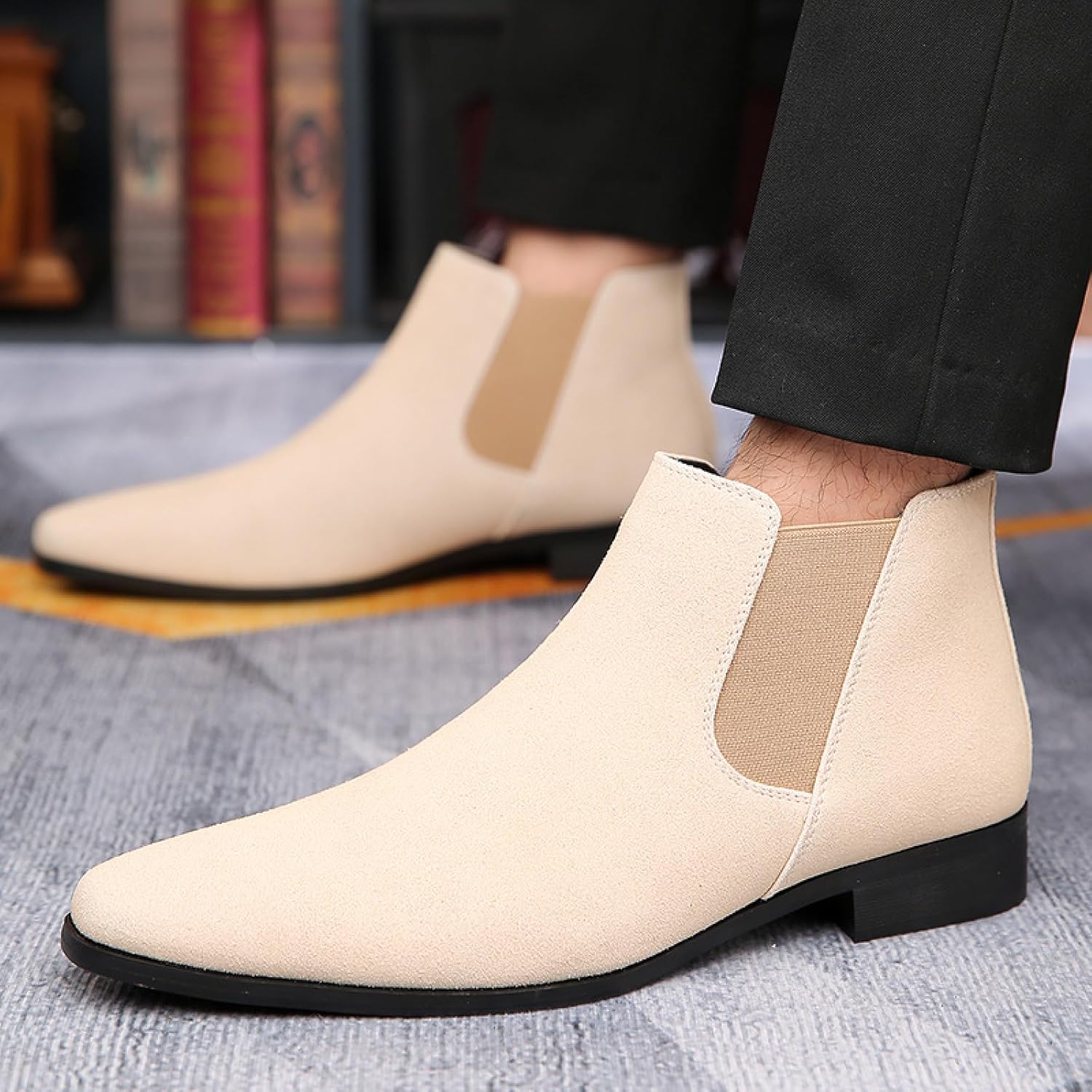 Men'S Suede Chunky Low Heel Chelsea Boots Classic Comfort Pointed Toe Slip On Anti-Slip Formal Business Low Heel Ankle Boots with Side Elastic Panels - Image 2