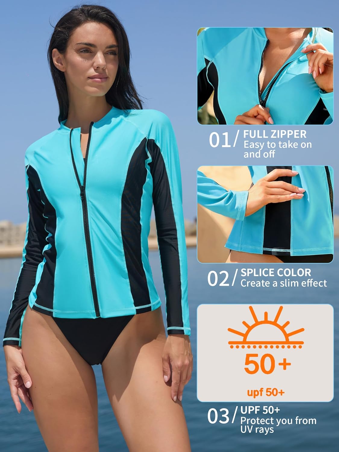 ATTRACO Women's Rashguard Swimsuit Zip Front Sun Protection Swim Shirt UPF 50+ - Image 4
