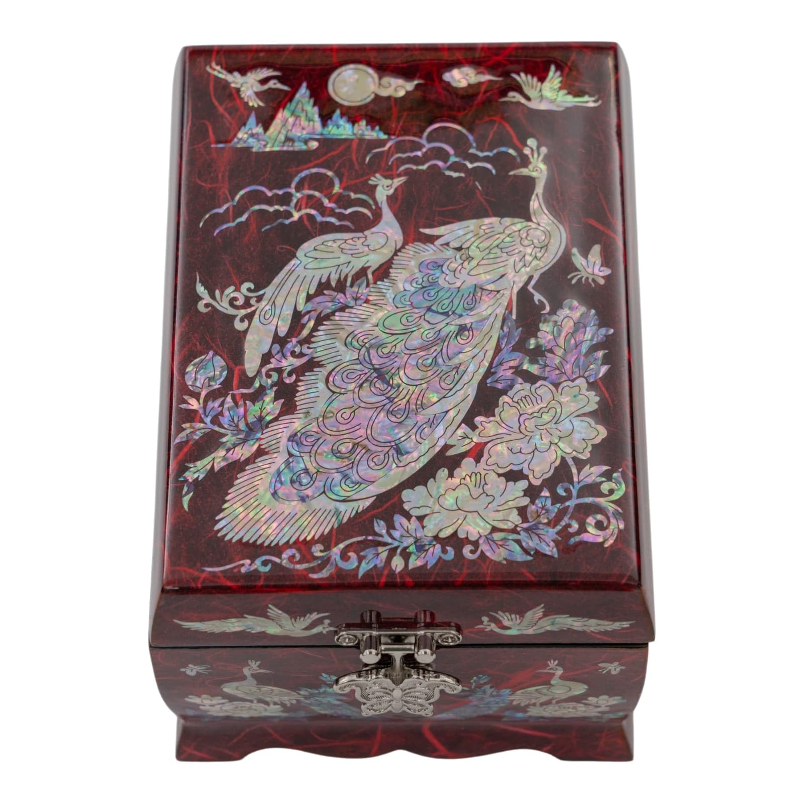 February Mountain Joyero musical de madreperla con espejo y soporte para anillos, caja de música, organizador de joyas tocando melodía Arirang, caja de joyería de pavo real, regalo para mujeres