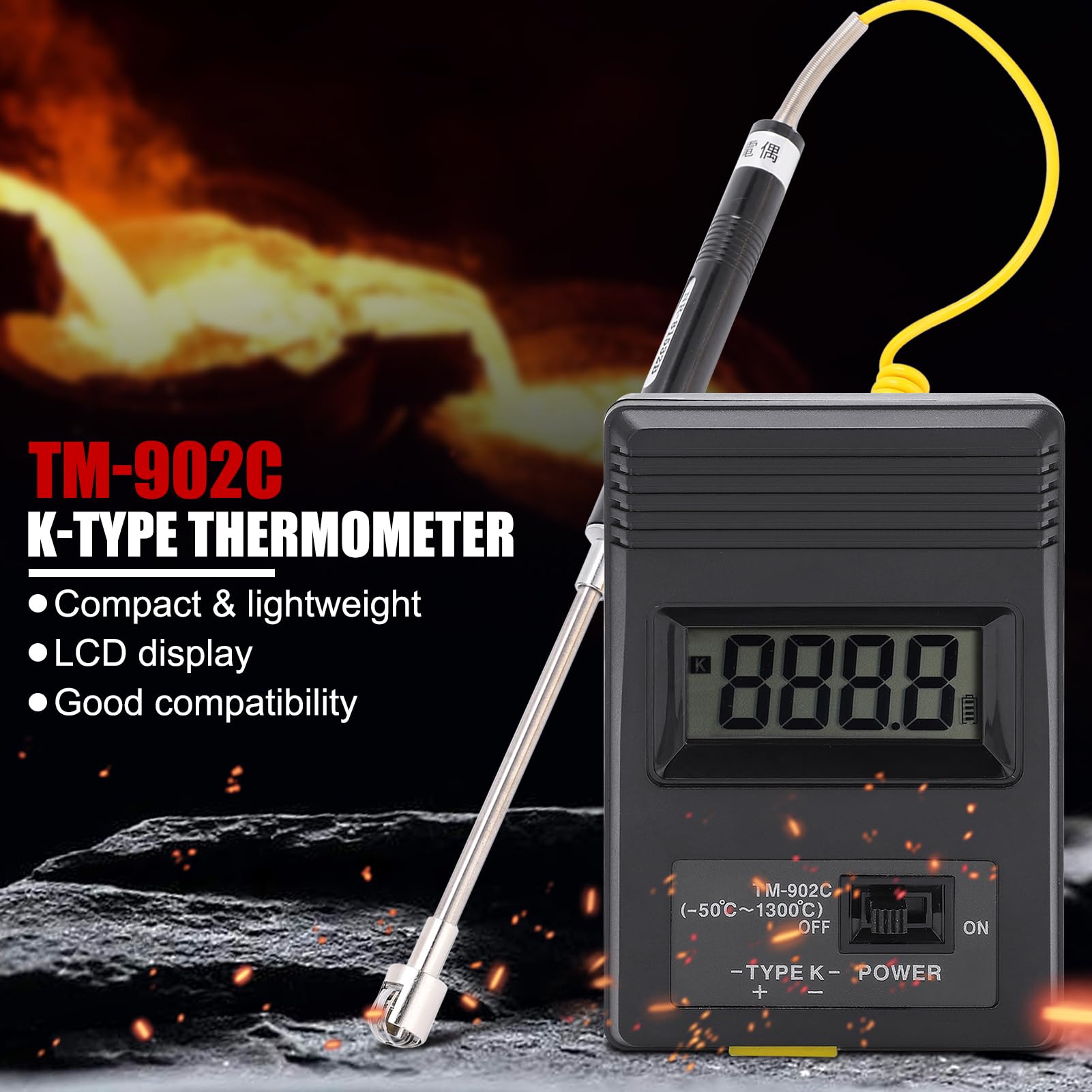 50°C a 1300°C Termómetro Termopar Digital Tipo K, con Sondas con Cable y de Acero Inoxidable, para Industrial, Laboratorio, HVAC, Automotriz