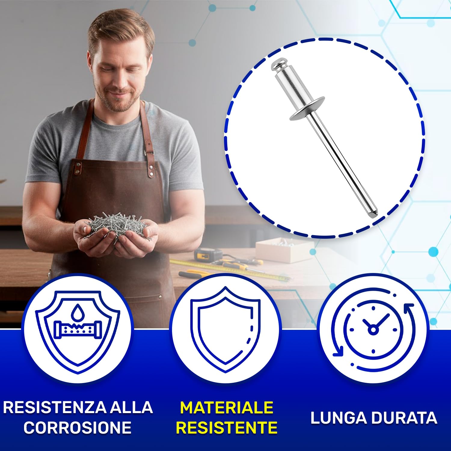 Set 50 Pezzi Rivetti Alluminio Ø 4,8x15 mm - Foro per Montaggio dei Rivetti Ø 5 mm Campo Serraggio 9,5-11,5 mm - Realizzati in Alluminio e Acciaio - MONTERAL