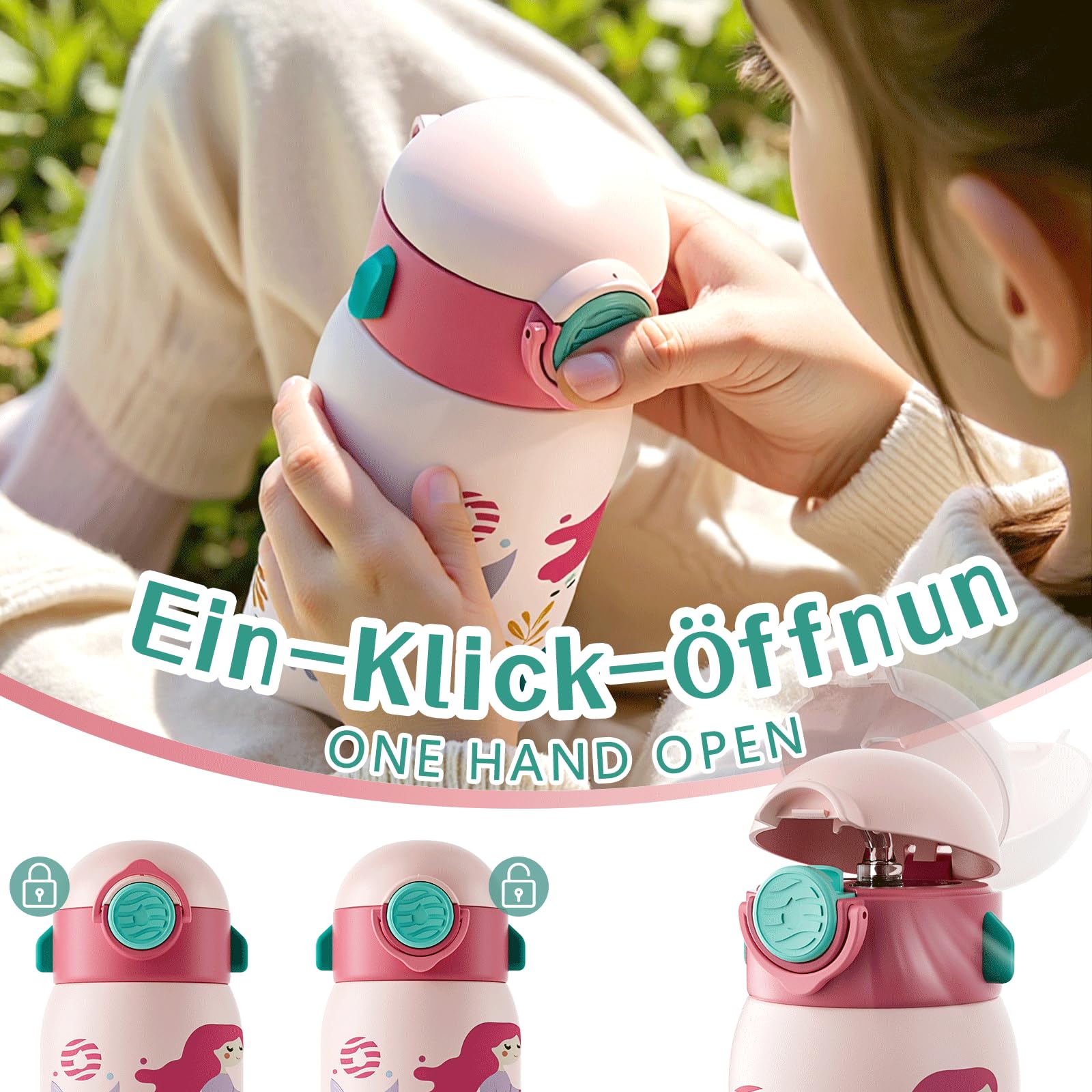 Fjbottle Botella de Agua Acero Inoxidable para Niños 400ml + Funda, Sin Fugas/Sin bpa Botella termica con Pajita para la Escuela y Deportes