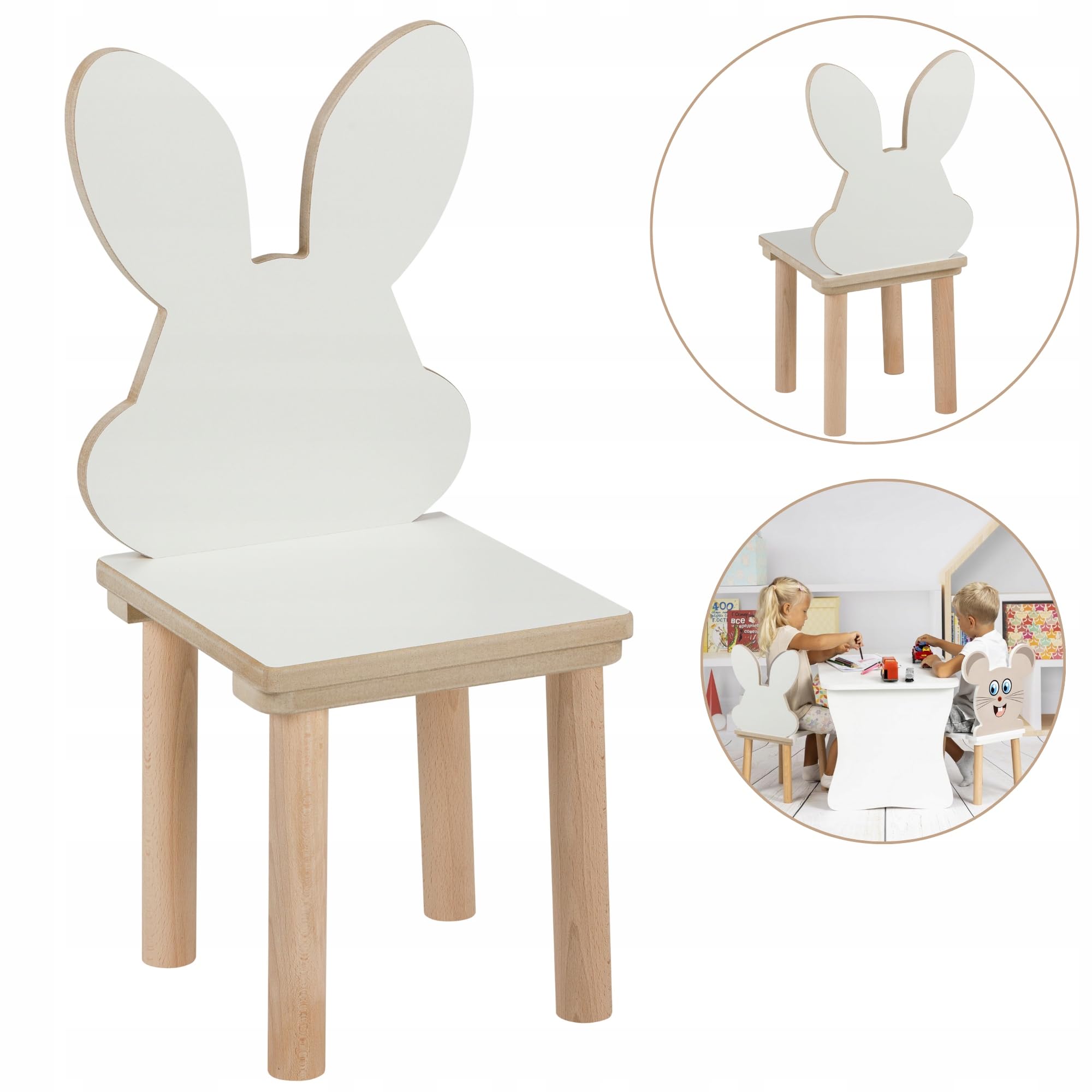 PlayPlas Furniture: Kinderstuhl und -Tisch aus Holz, weiß, quadratisch, 50 × 47 cm, Set zum Lernen und Spielen, Stuhl in Hasenform, Möbel für das Kinderzimmer