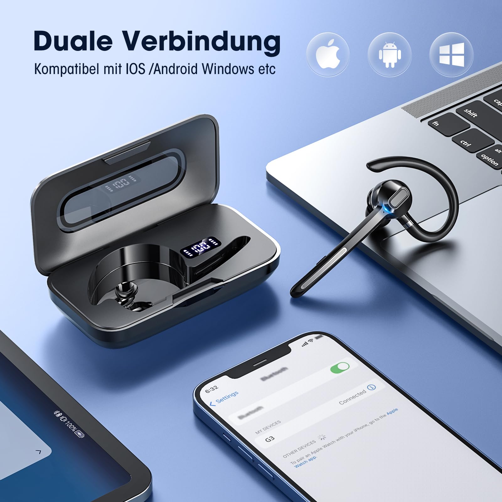 Bluetooth Headset In-Ear Kabellos Bluetooth 5.3 10m Reichweite 10 Std Sprechzeit Schwarz