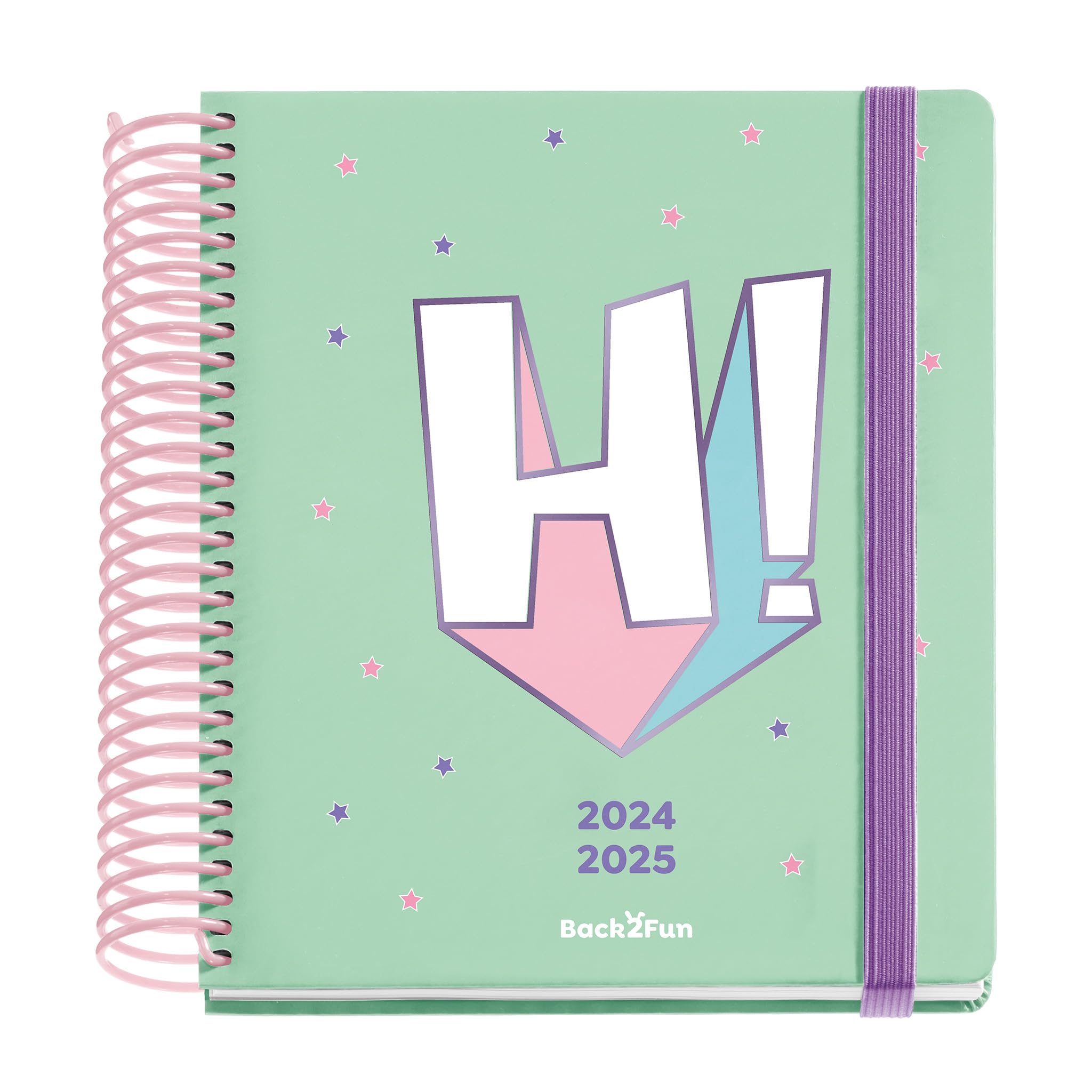 Miquelrius - Agenda Escolar 24-25, Septiembre 2024 a Junio 2025, Tamaño 155 x 180 mm, Día Página, Espiral Plástico Rosa,Cubierta Cartón Forrado, Cierre con Goma, Español-Inglés-Portugés, Back2Fun HI