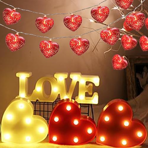 Miniatura 5 de Luces de corazón de San Valentín de 6.8 pies, 10 luces LED para el día de San Valentín con temporizador remoto, guirnalda de luces de corazón