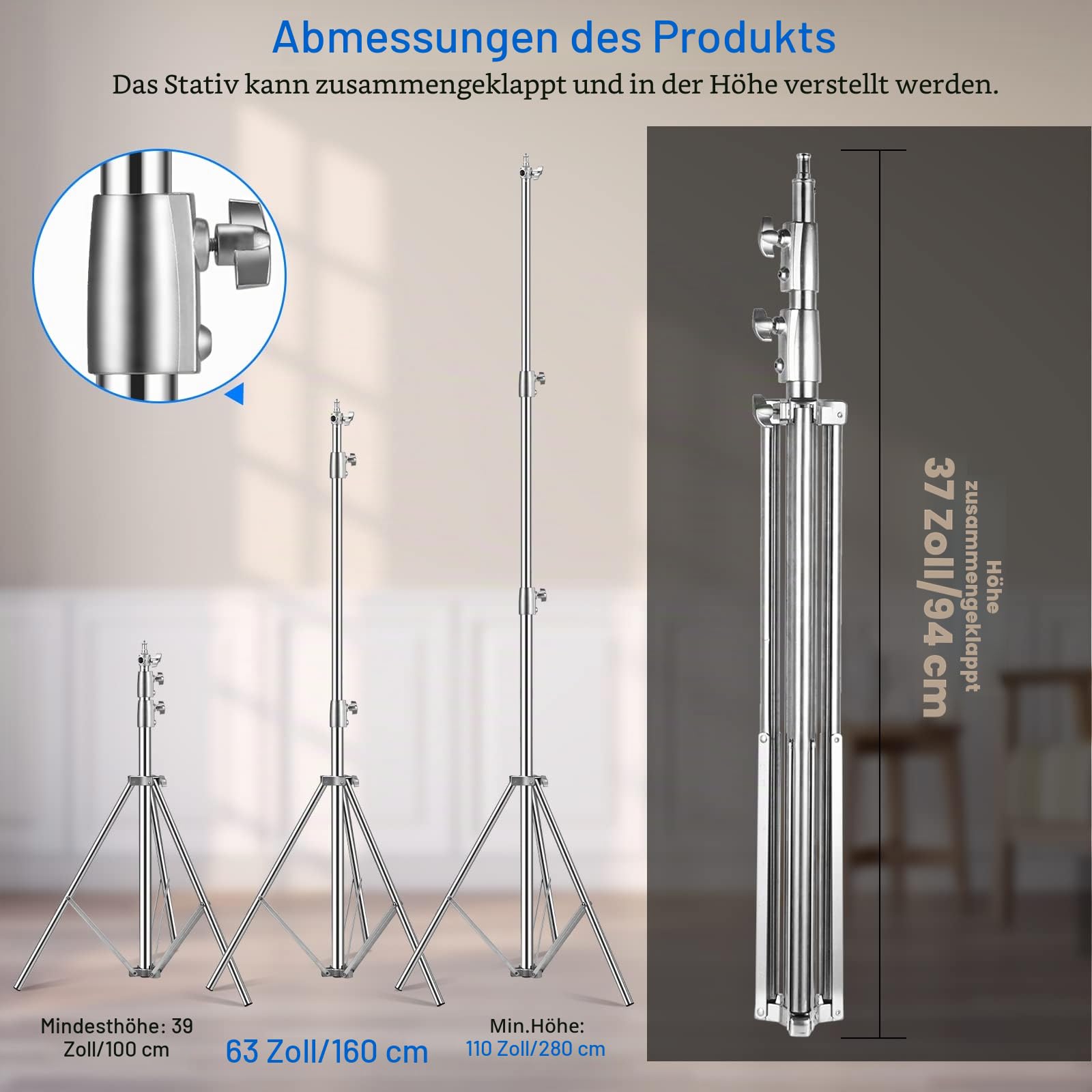 Edelstahl Lichtstativ 110"/2.8m, Federgedämpftes Heavy Duty Stativ mit 1/4" auf 3/8" Universal Adapter Einstellbarer Lichtständer für Fotografie Studio Softbox Reflektor Portrait, 2 Stück