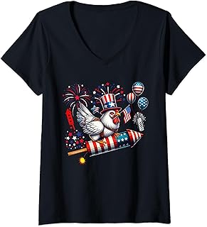 Womens Chicken Riding Firecracker 4th Of July Farmer Proud Flag V-Neck T-Shirt