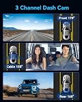 Dash Cam Front and Rear Camera with 32GB Card for Car, 4K Full HD Dash Camera Inside 3 Channel, Night Vision, Loop Recording, G-Sensor, 170°Wide Angle, 24 Hours Recording