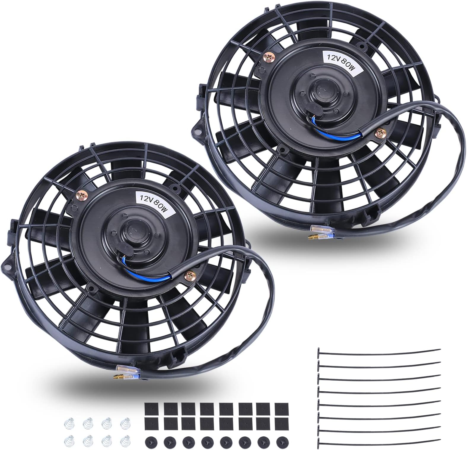 7 Inch Black Universal Slim Fan Push Pull Electric Radiator 12V 80W High Performance Cooling Fan Mount Kit Set of 2