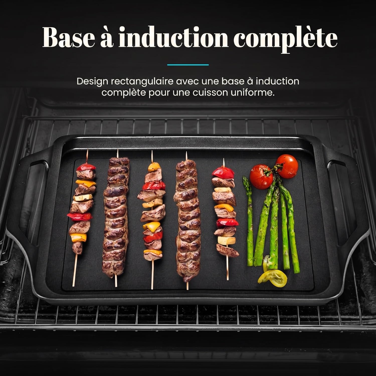 WECOOK! Ecostone Plaque à Griller Induction 43 X 25cm, Fonte d'Aluminium, Anti-adhésif XTRA DUPONT Écologique sans PFOA, Épaisseur 5 mm, Poignées en Silicone, Vitrocéramique, Gaz, Four
