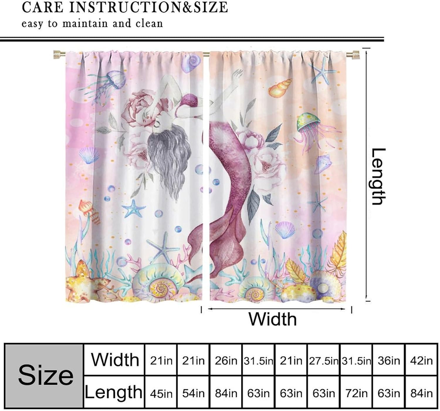 Watercolor Mermaid Curtains, Pink Sea Ocean Theme Window Drapes for Girls Bedroom Cute Coral Reef Fish Seashell Jellyfish Print Blackout Curtains for Kids Room Living Room, 42" W X 45" L