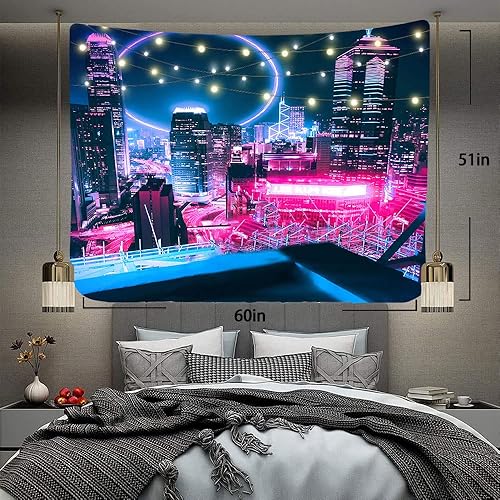 Miniatura 2 de Aidatain Tapiz de neón de ciudad, rascacielos futuristas, japonés 3D Tokio, para colgar en la pared, decoración estética de franela de 60 x 51