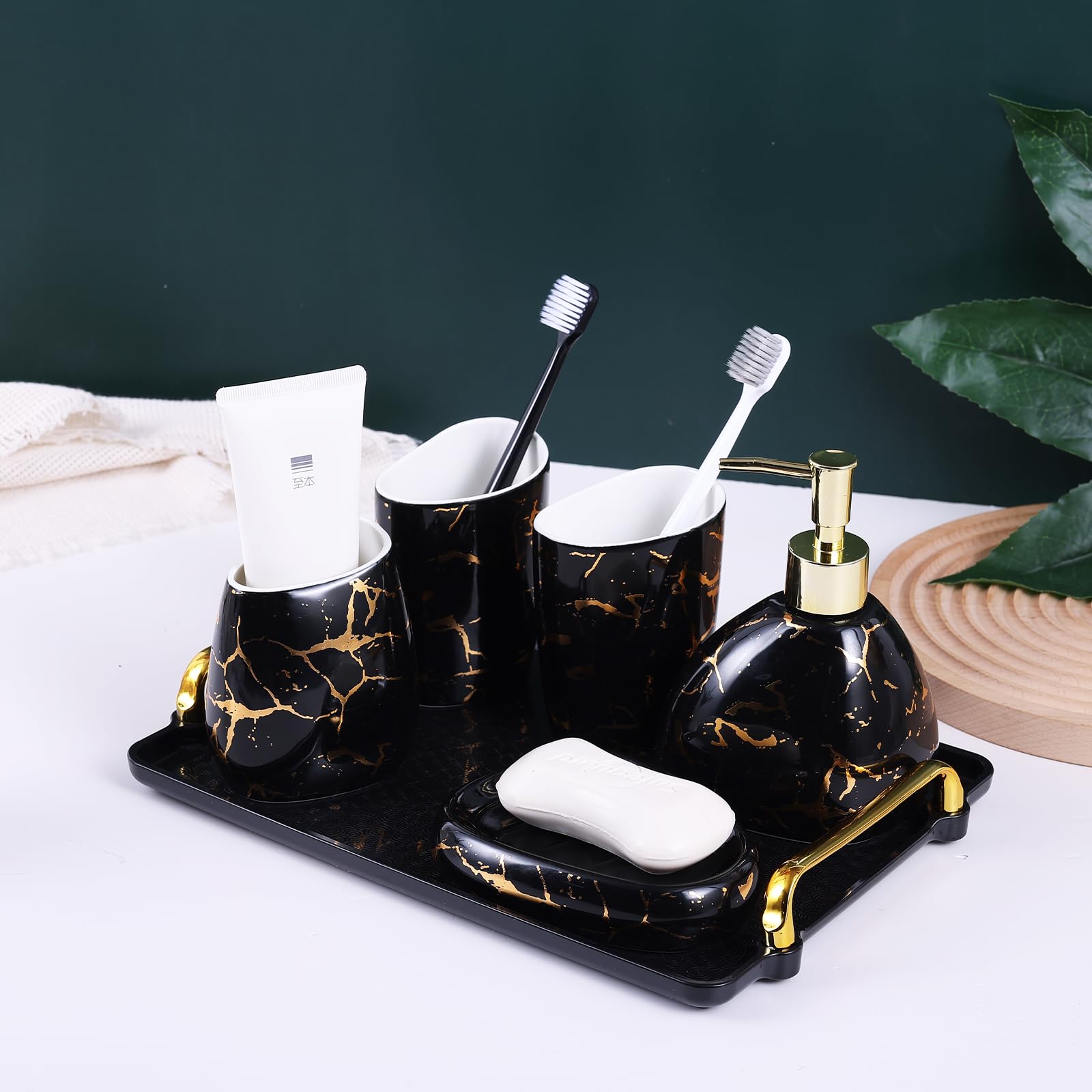 Juego de accesorios de baño negro, decoración de baño con aspecto de mármol dorado, juego moderno de 6 accesorios de baño, completo con dispensador de jabón, soporte para cepillo de dientes,