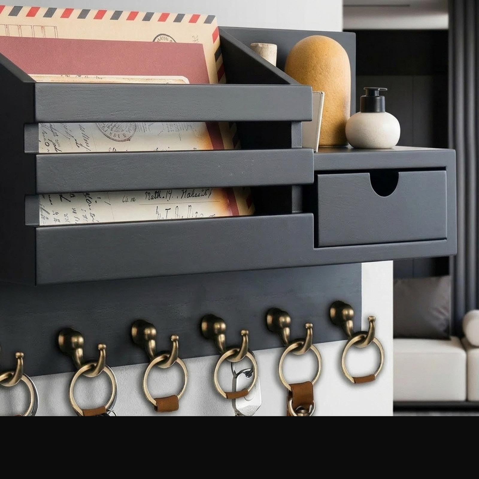 rockible Porte-clés Mural Organisateur de Courrier Étagère En Bois avec Crochets pour Rangement de Clés Courrier Objets Du Quotidien Adapté à Entrée Chambre Cu, Noir
