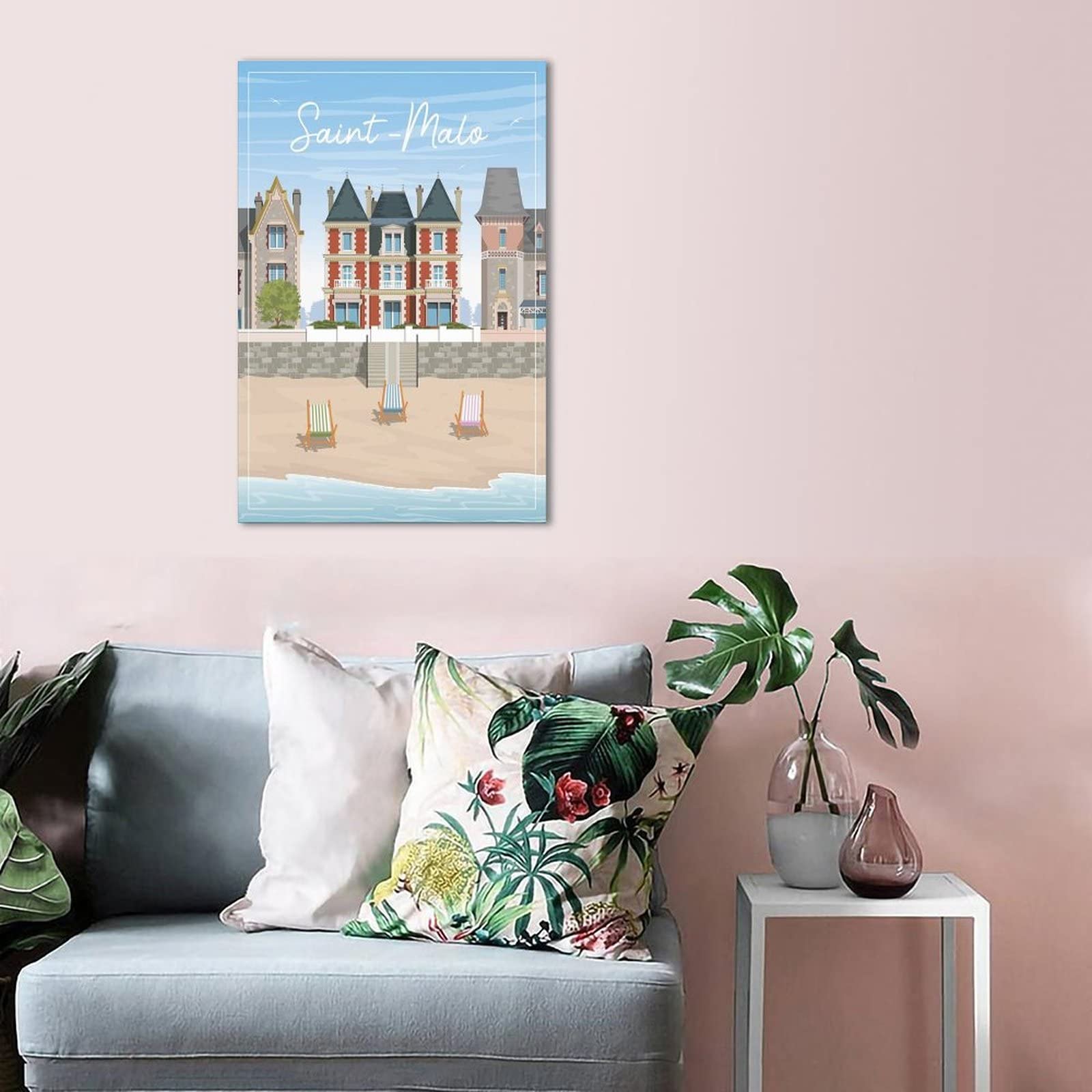 Poster vintage de voyage Saint-Malo - Vacances - Plage - Phare - Mouette - Impression sur toile - Pour bureau, chambre à coucher - Décoration murale - 20 x 30 cm - Sans cadre