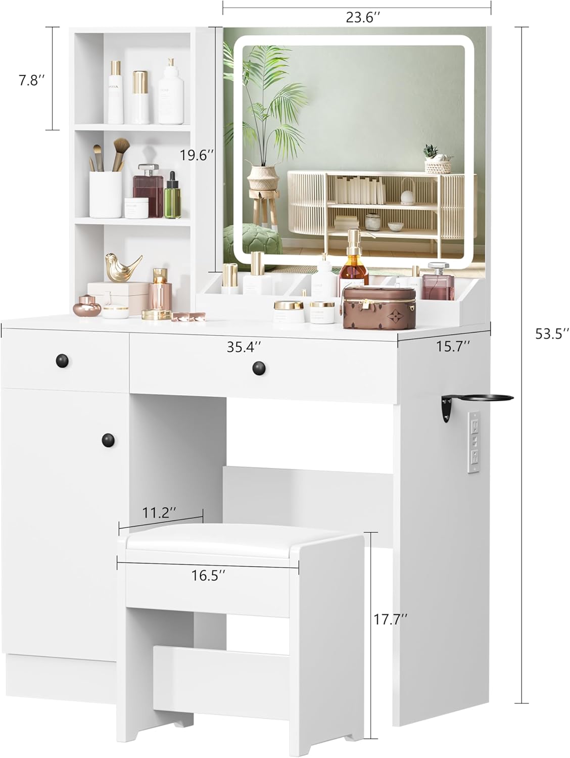 NUNU LAB Vanity Desk with Mirror and Lights, Makeup Vanity with Power Outlet & Drawers, Vanitys Stool for Bedroom Dressing Room, Small Vanity Desk with 3 Lighting Modes, White