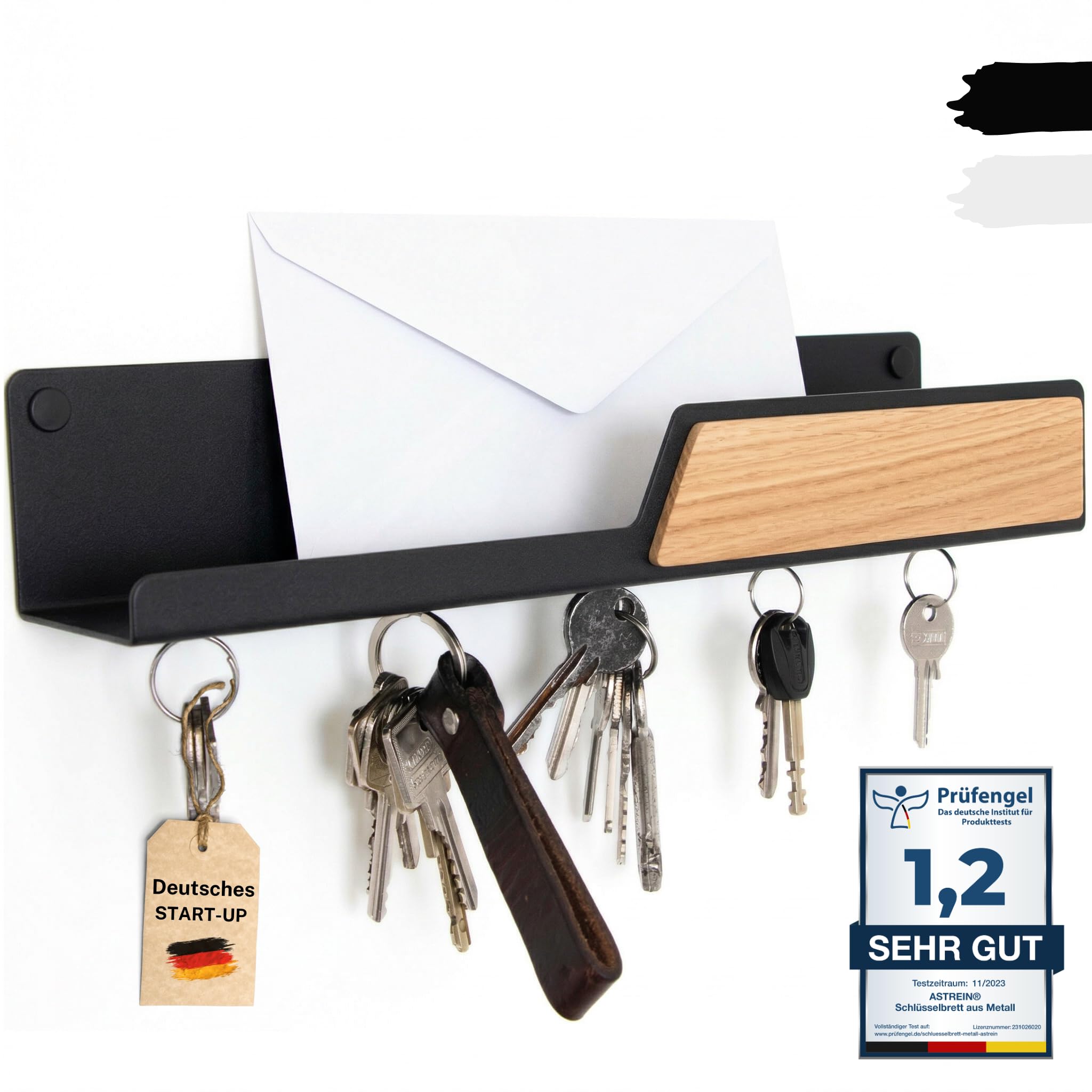 Astrein® | Schlüsselbrett Magnetisch | Schlüsselboard aus Holz | Eiche | Schlüsselhalter mit Ablage | Schlüsselaufbewahrung Metall schwarz