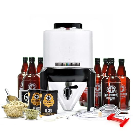 BrewDemon Premium Signature Kit Pro – NO AIRLOCK OR SIPHON REQUIRED – Conical Fermenter Eliminates Sediment and Makes Great Tasting Home Brewed Beer - Includes a 2 Gallon Pilsner Recipe
