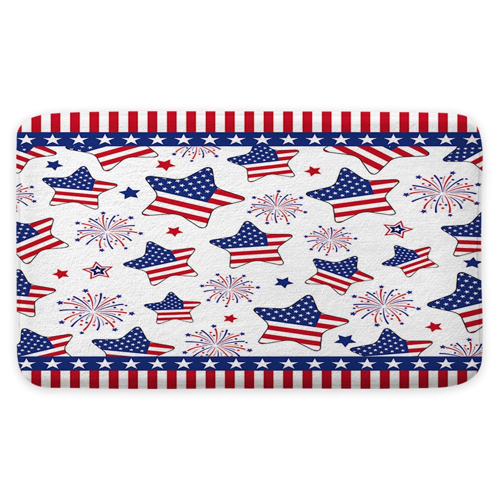 Dtekoj Happy Independence Day 4th of July Bath Mat, Blue Star and Red Star American Flag Fireworks Holiday Decor Bathroom Rug Door mat Kitchen Toilet