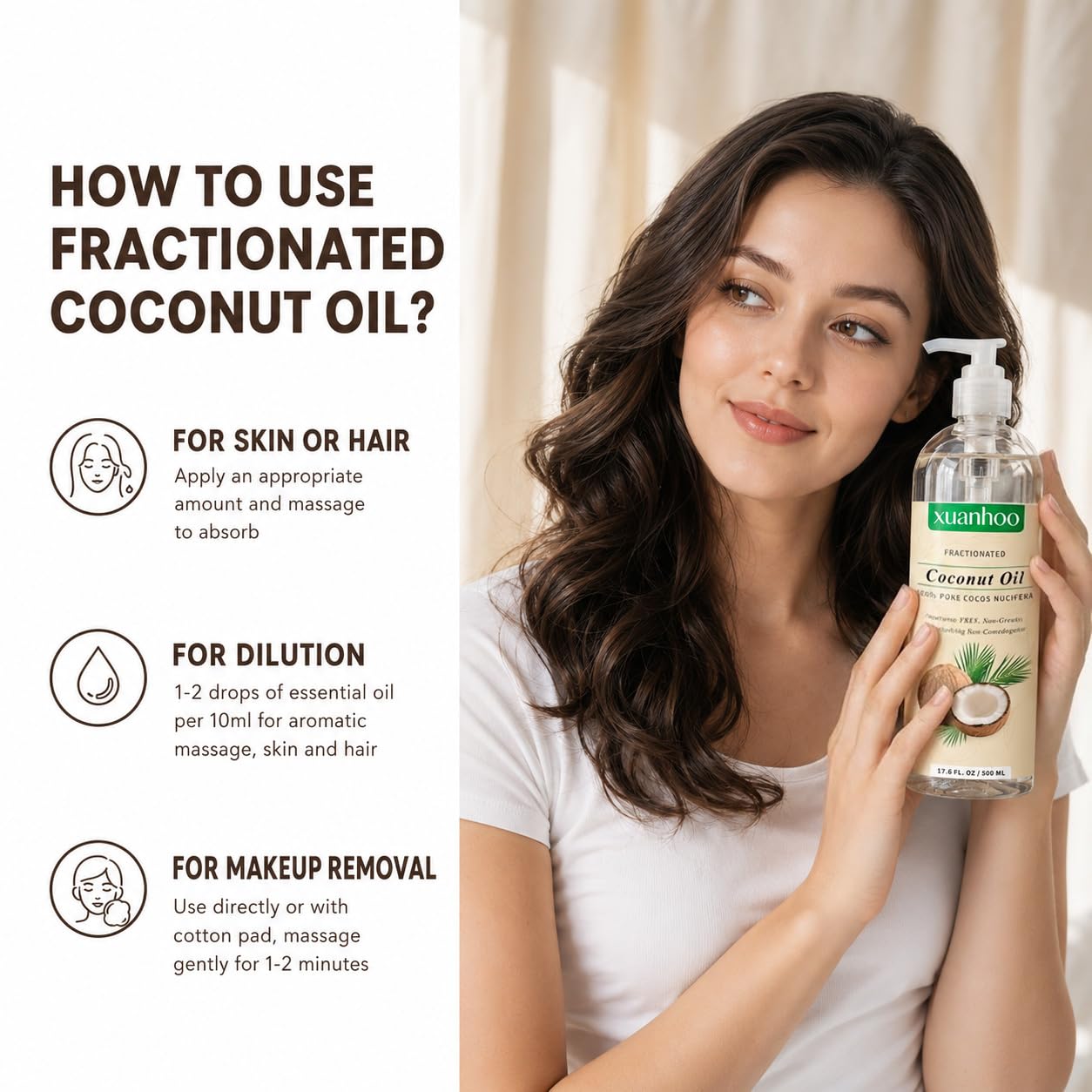 Aceite de coco fraccionado 500ml 100% puro natural para cabello piel y uñas