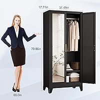 Vista 2 de Armario de metal de 71 pulgadas, armario de almacenamiento de ropa de acero con espejo y estantes ajustables, armario de almacenamiento de acero
