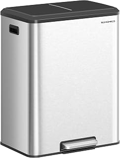 SONGMICS Trash Can, 2 x 8 Gallon (2 x 30 L) Double Garabge Can for Recycling and Waste, Stainless Steel, Soft-Close Lid, Inner Buckets, Wide Sturdy Pedal, Metallic Silver ULTB556E01