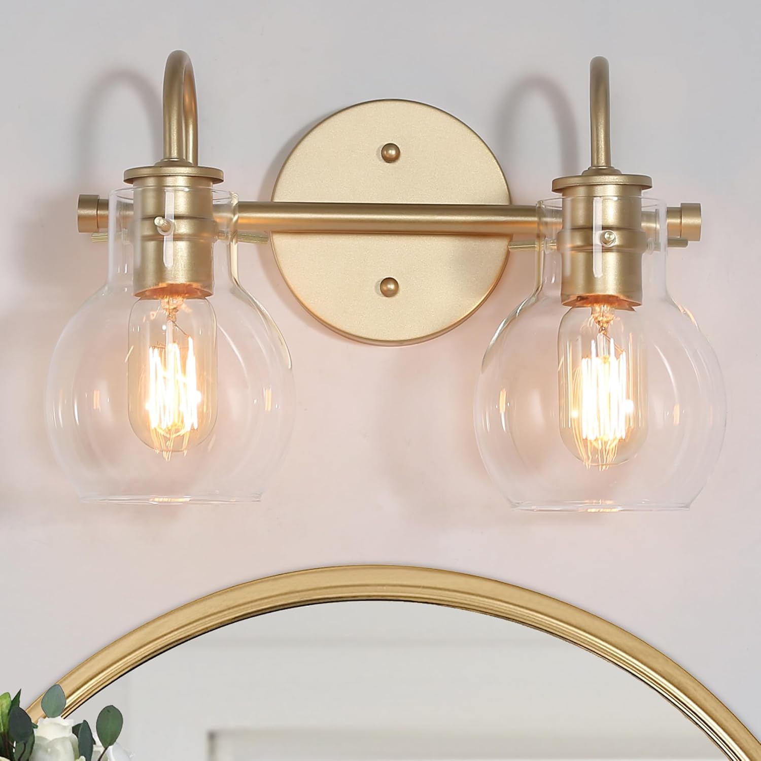 LALUZ Bathroom Light Fixtures, 2-Light Gold Bathroom Vanity Light with Globe Clear Glass, Modern Vanity Lights for Bathroom, Powder Room