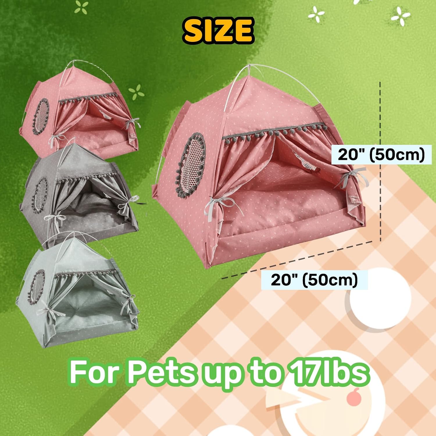 Cute Cat Tent Decorative Portable Cats Cave Bed Outdoor/Indoor Portable for Indoor Cats and Small Dogs with Soft Cool Mat Outside Summer Cat House Large 20x20x20 in (Green)