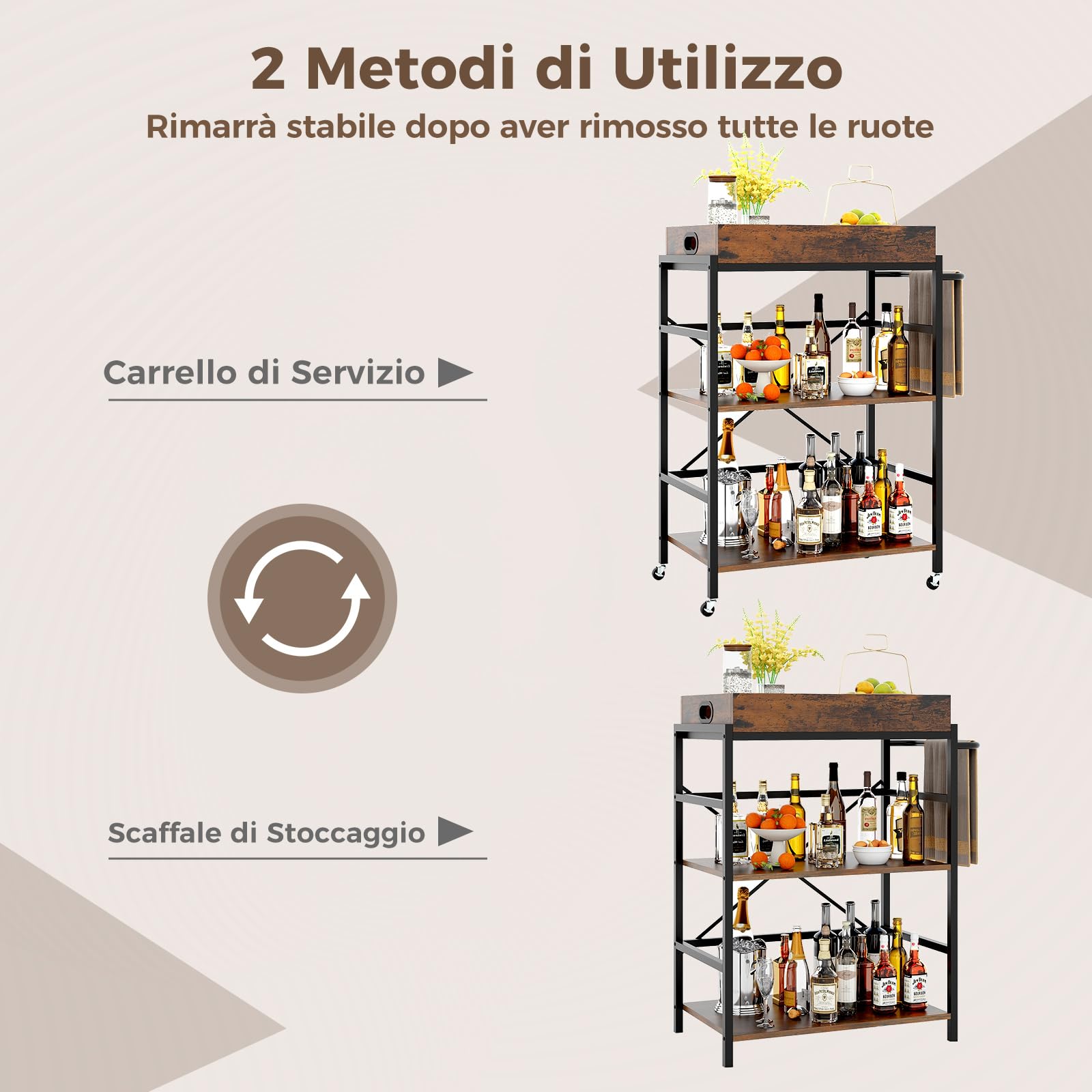 COSTWAY Carrello da Bar a 3 Ripiani, Carrello da Servizio Industriale con Vassoio Rimovibile, 4 Ruote Bloccabili e 1 Maniglia, Carrello da Cucina con Ruote, 73 x 40 x 94 cm