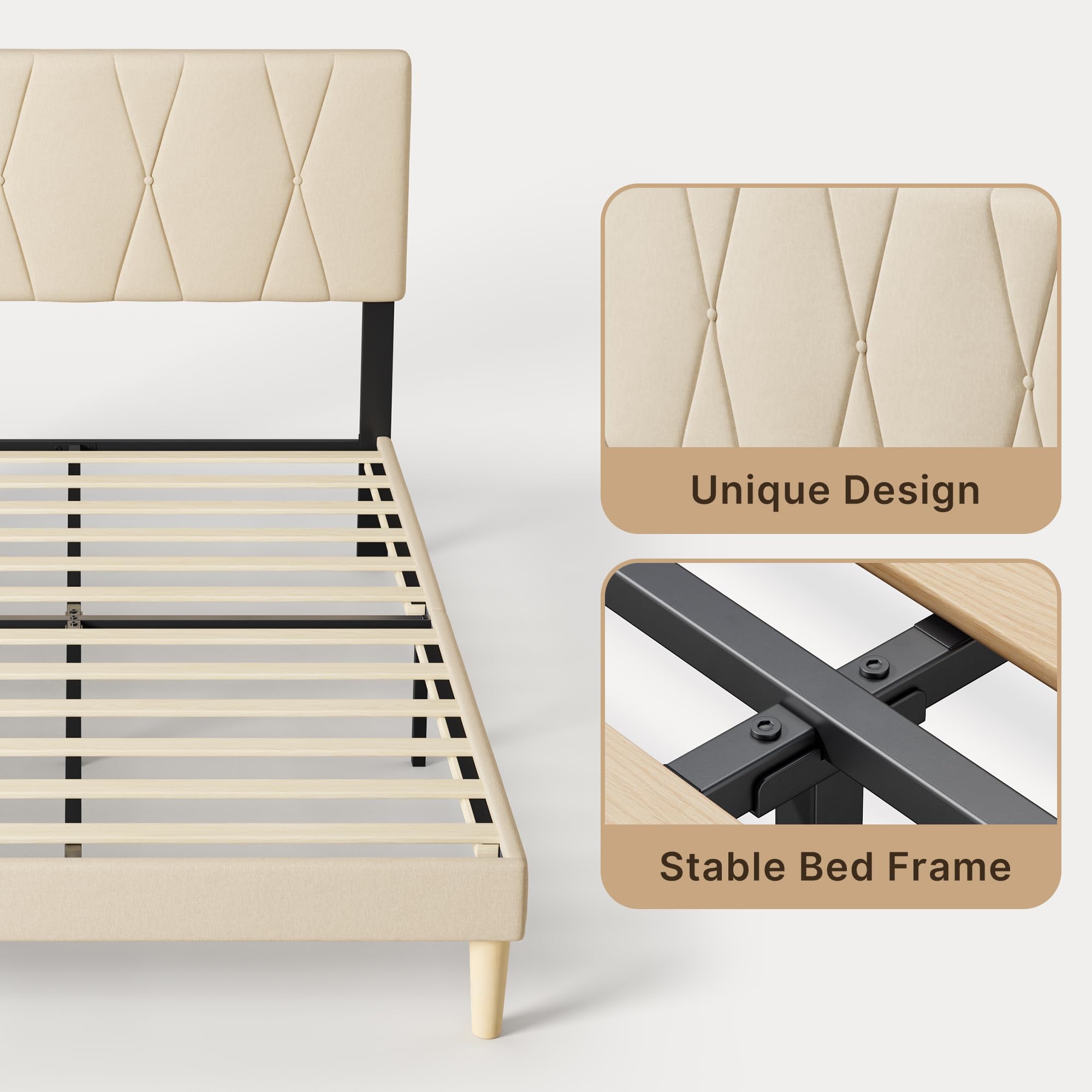 Struttura Letto Matrimoniale 140 x 200 cm,Letto Imbottito con Testiera Imbottita Regolabile, Doghe in Legno, Piattaforma Robusta,Moderno,Beige