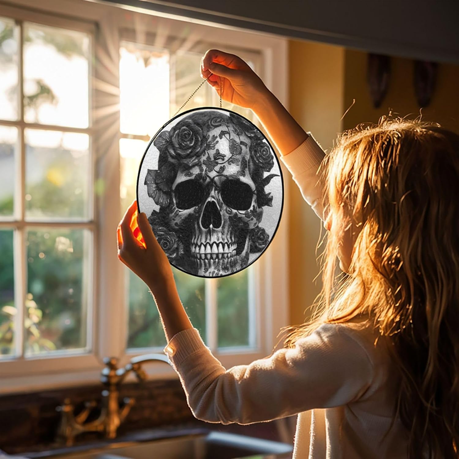 Black Skull Rose Stained Glass Suncatcher for Window Hanging Sun Catcher Ornament for Women Men Suncatcher for Home Decor, 4in（10cm） Round Glass Ornament for Mother's Day Birthday Gift