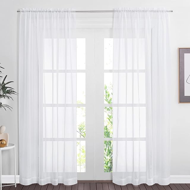 PONY DANCE White Voile Curtains Extra Long - Net Curtains Slot Top Window Treatment Semi Transparent Sheer Curtains for Bedroom, 2 Panels, 60 x 95-Inch Drop