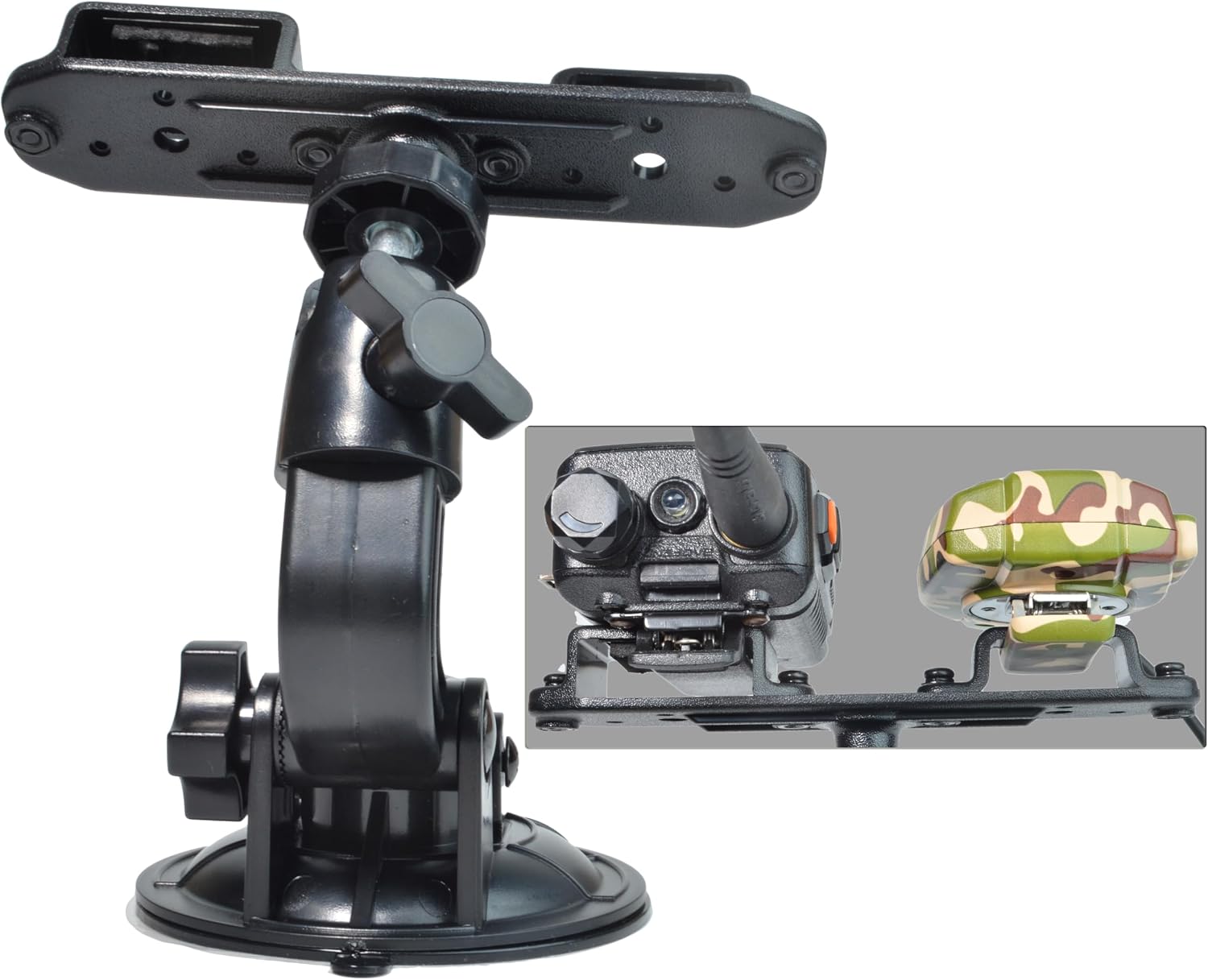 HYS Car Suction Cup Walkie Talkie Holder for Car W/Adjustable the Ball, Low Profile 2-Way Radio Mount Compact Windshield Window Dash Mobile Stand for Motorola Midland Radio/Mic with Belt Clip
