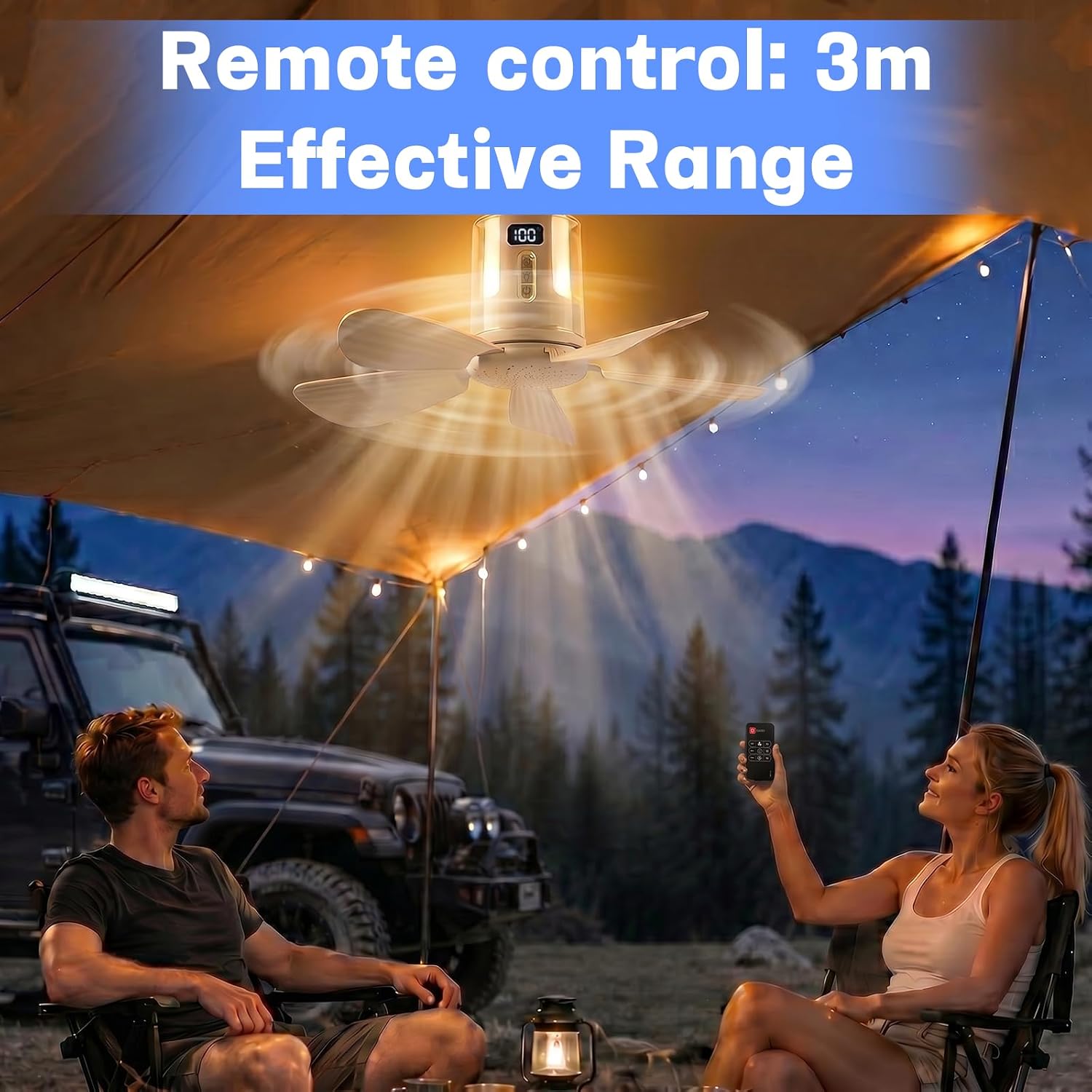 Tent Fan with RGB Lights, 15.75" Portable Ceiling Fan for Camping Hanging with Warm/White Lights Remote, Rechargeable Battery Operated Ceiling Fan, Camping Fans for Tents Beach Travel Canopy Outdoor