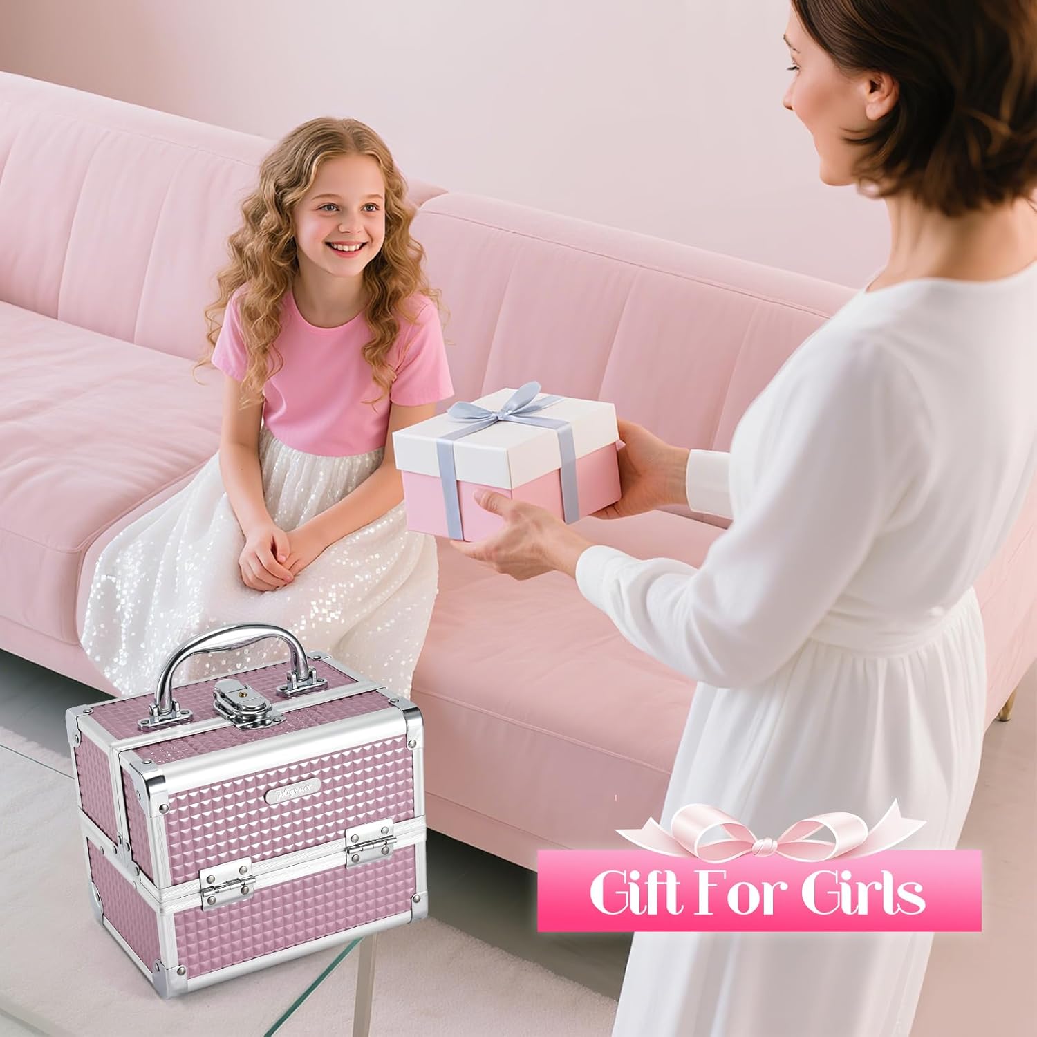 Joligrace Makeup Case Portable Makeup Box Travel Train Case Cosmetic Case Organizer with 2 trays Mirror Locking Make Up Storage Vanity Craft Nail Case Traveling Cosmetic Box for Girls Pink - Image 6