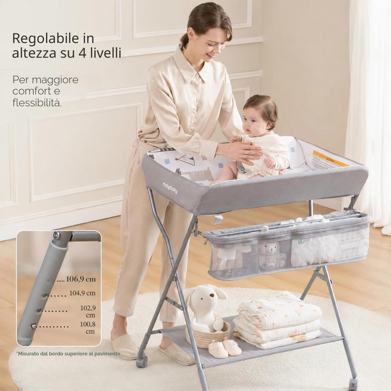 Maydolly Fasciatoio per Bambini，avolo Cambio Pannolini Multifunzionale Portatile,mobile con ruote，Altezza regolabile，Il materiale impermeabile è facile da pulire，grigio chiaro
