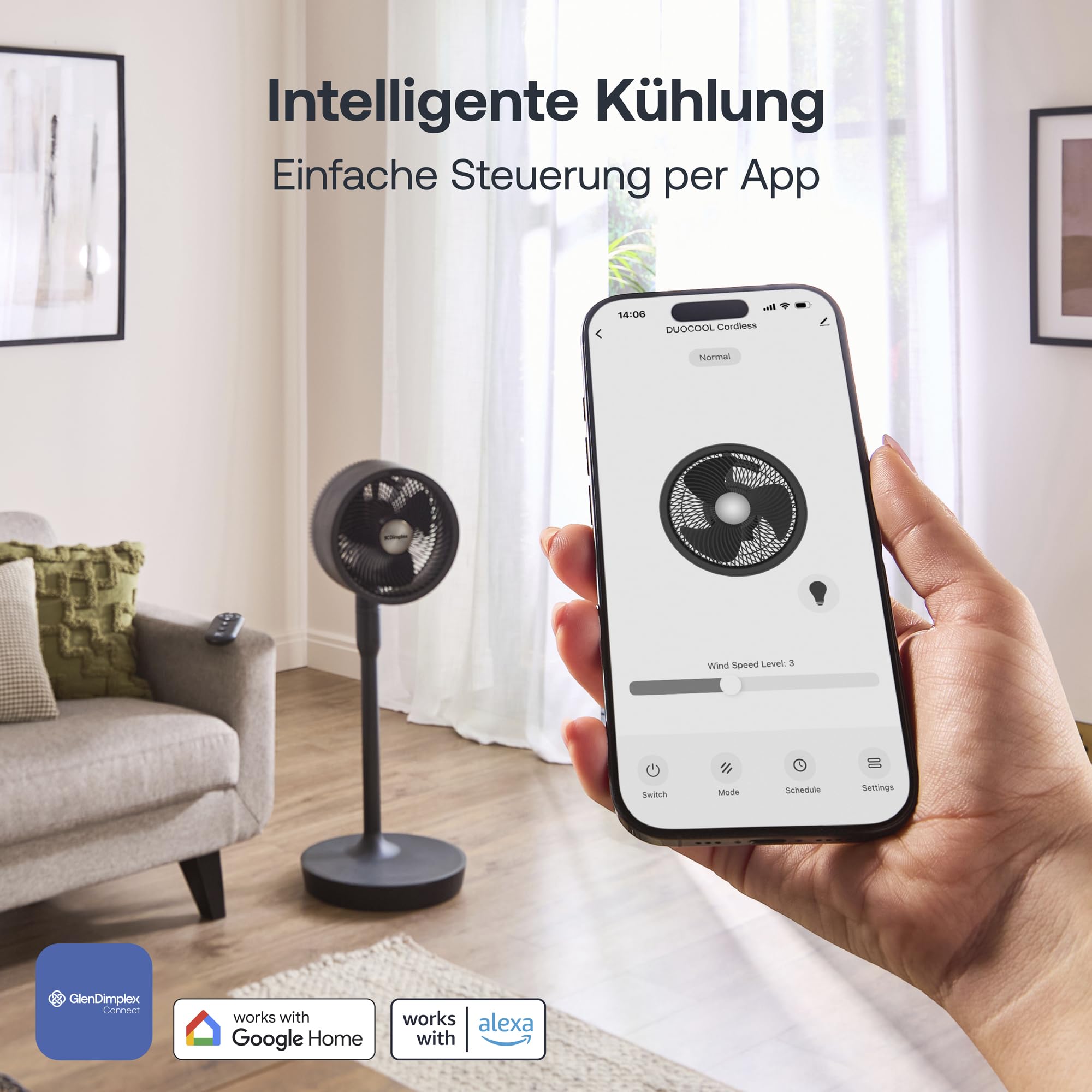 Dimplex DUOCOOL Smart 2-in-1 Akkuventilator Kabellos, Stand- & Tischventilator, 45 Std. Akku, 5 Geschwindigkeiten+Turbo, 20m Reichweite, Leiser Ventilator(36dB), App, Google Home & Alexa, Fernbedienung