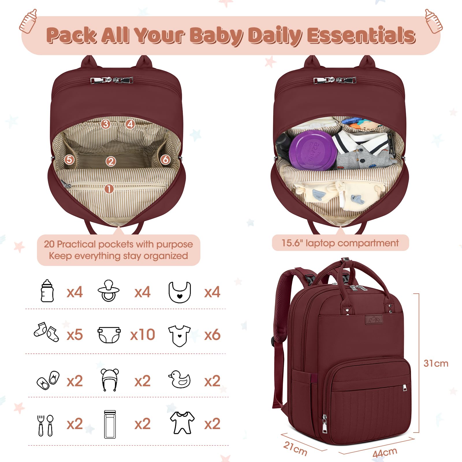 RAINSMORE Zaino Mamma Impermeabile Multifunzione Fasciatoio Grande Capacità Borsa Neonato con Ganci per Passeggino Rosso