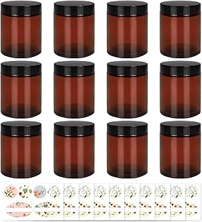 12 Pack 8 oz Amber Round Glass Jars - Empty Cosmetic Containers with Inner Liners, black Lids and Glass Sample Jars with lables For For Slime, Beauty Products, Cosmetic, Lotion，Powders and Ointments