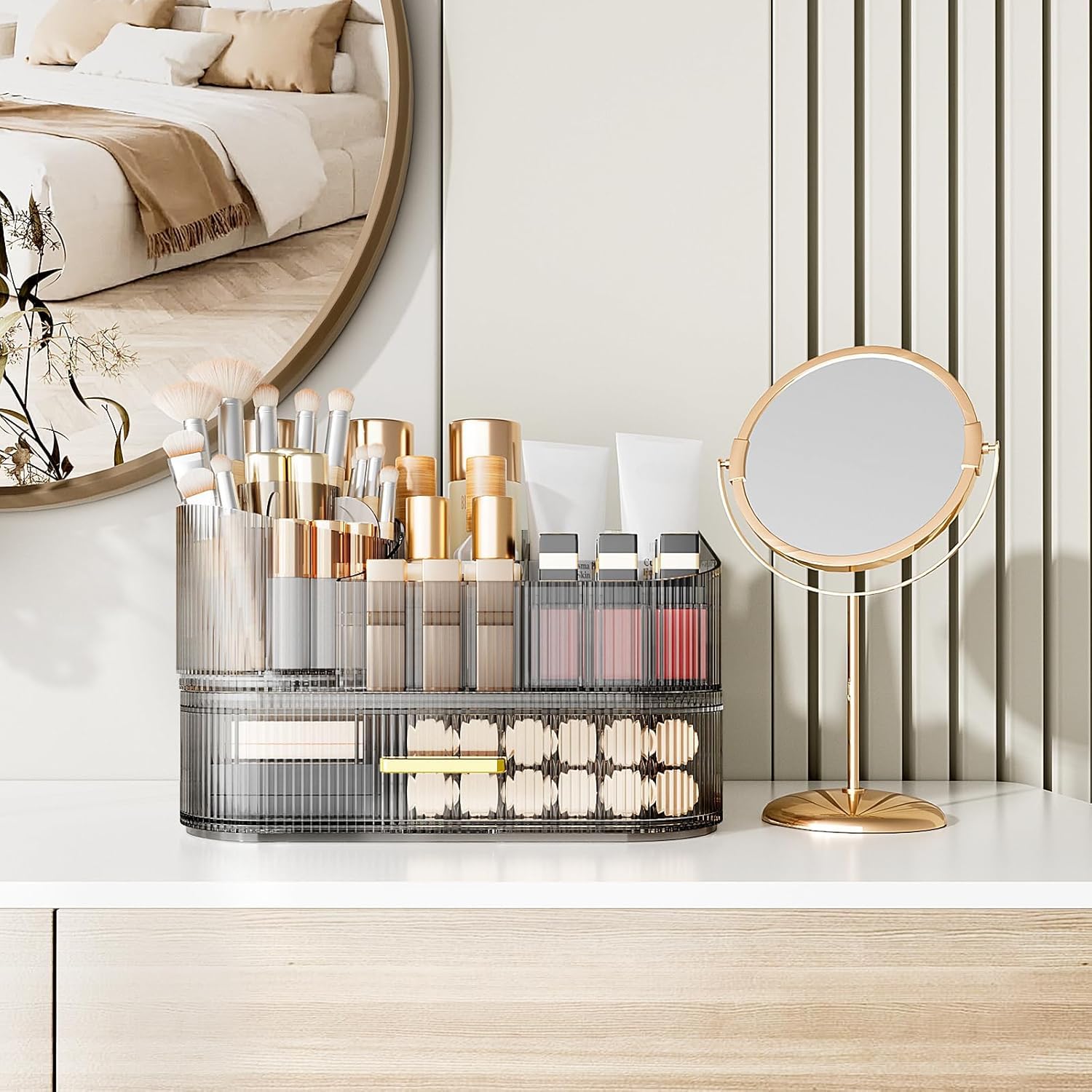 Organizer per trucchi per toeletta con cassetti impilabili, porta pennelli da trucco rotante a 360 gradi, grande espositore per cosmetici per comò, organizer per la cura della pelle da piano di