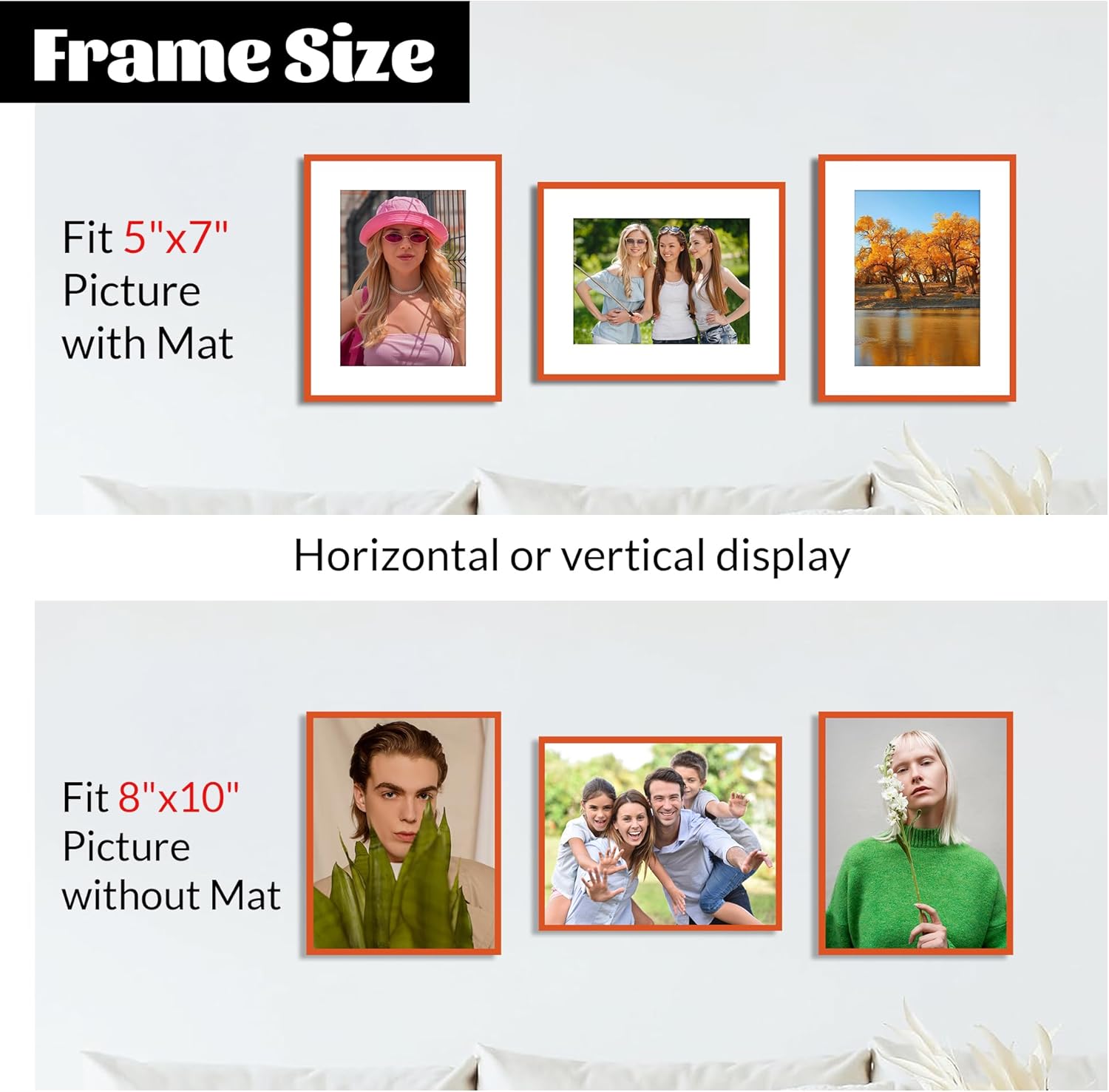 8x10 3 Pack Orange Picture Frames, Shiny High-Gloss Poster Frames for Gallery Wall, Art Prints, Photos & Posters, Horizontal or Vertical Display, Modern Home Decor