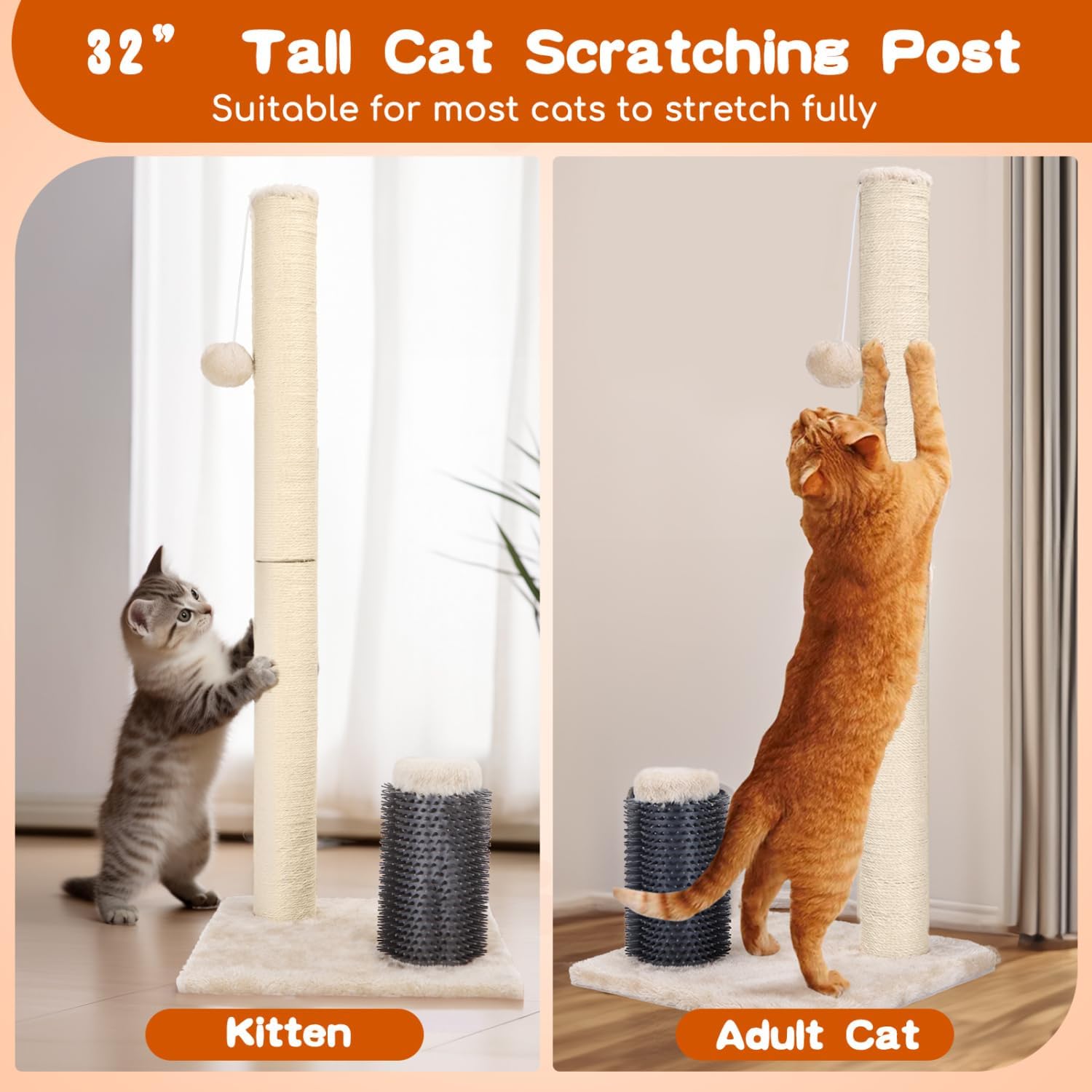 review Nobleza 32” Tall Cat Scratch Post with Self Massage Brush, Natural Sisal Rope Cat Scratching Post for Indoor Cats, Stable Cat Scratcher Posts for Kittens Large Cats with Dangling Ball, Light Brown