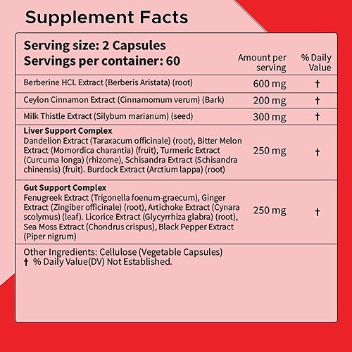 Miniatura 6 de Berberine HCL Metabolic Guard+ Complex  1600mg - 120Caps  16 en 1 herbario cardiovascular, apoyo hepático e intestinal  con canela, cardo mariano,