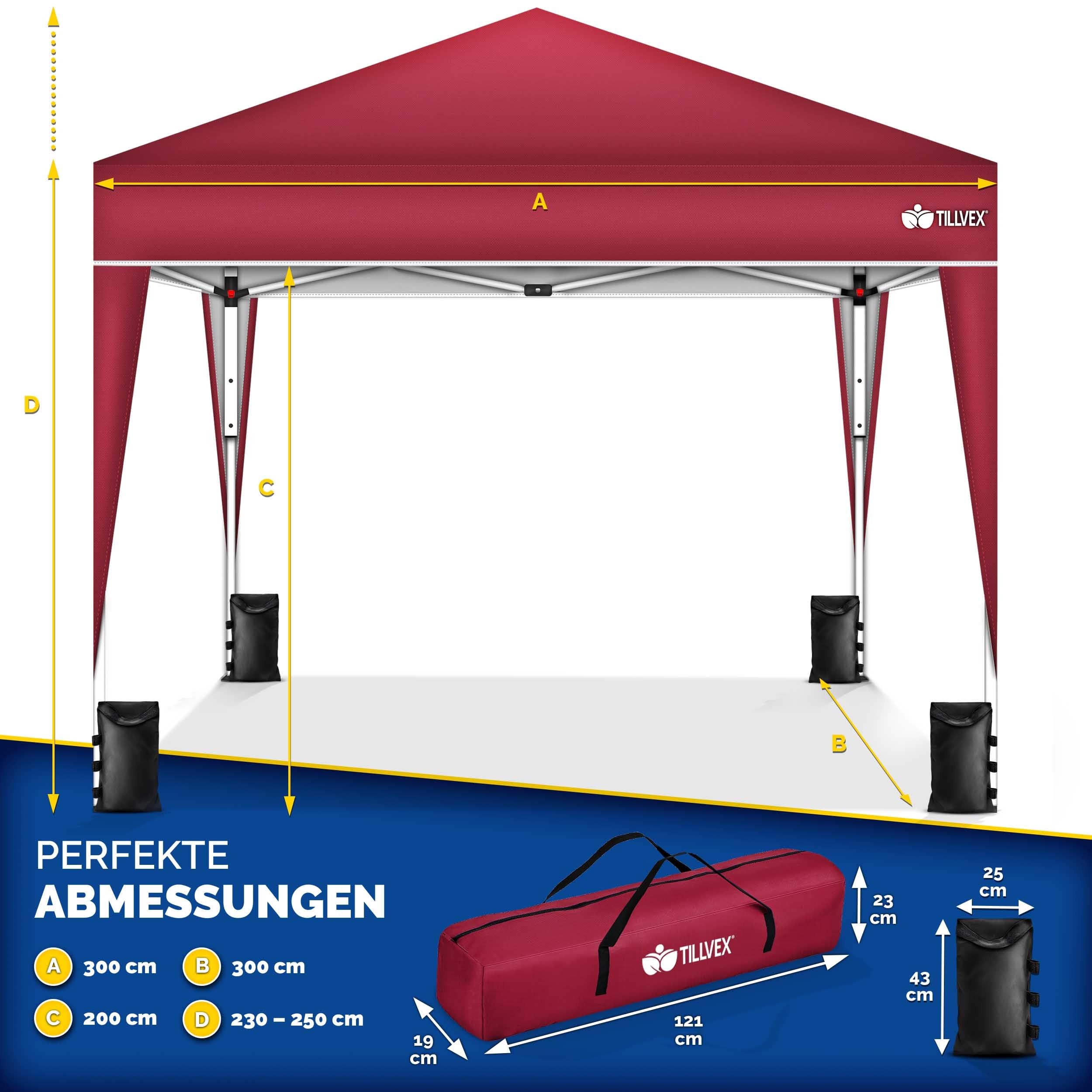 tillvex Pavillon 3x3m wasserdicht + 4er Set Sandsäcke | Pop-Up Faltpavillon stabil & höhenverstellbar | Gartenzelt UV Schutz 50+ | Partyzelt mit Tasche für Garten (Rot)