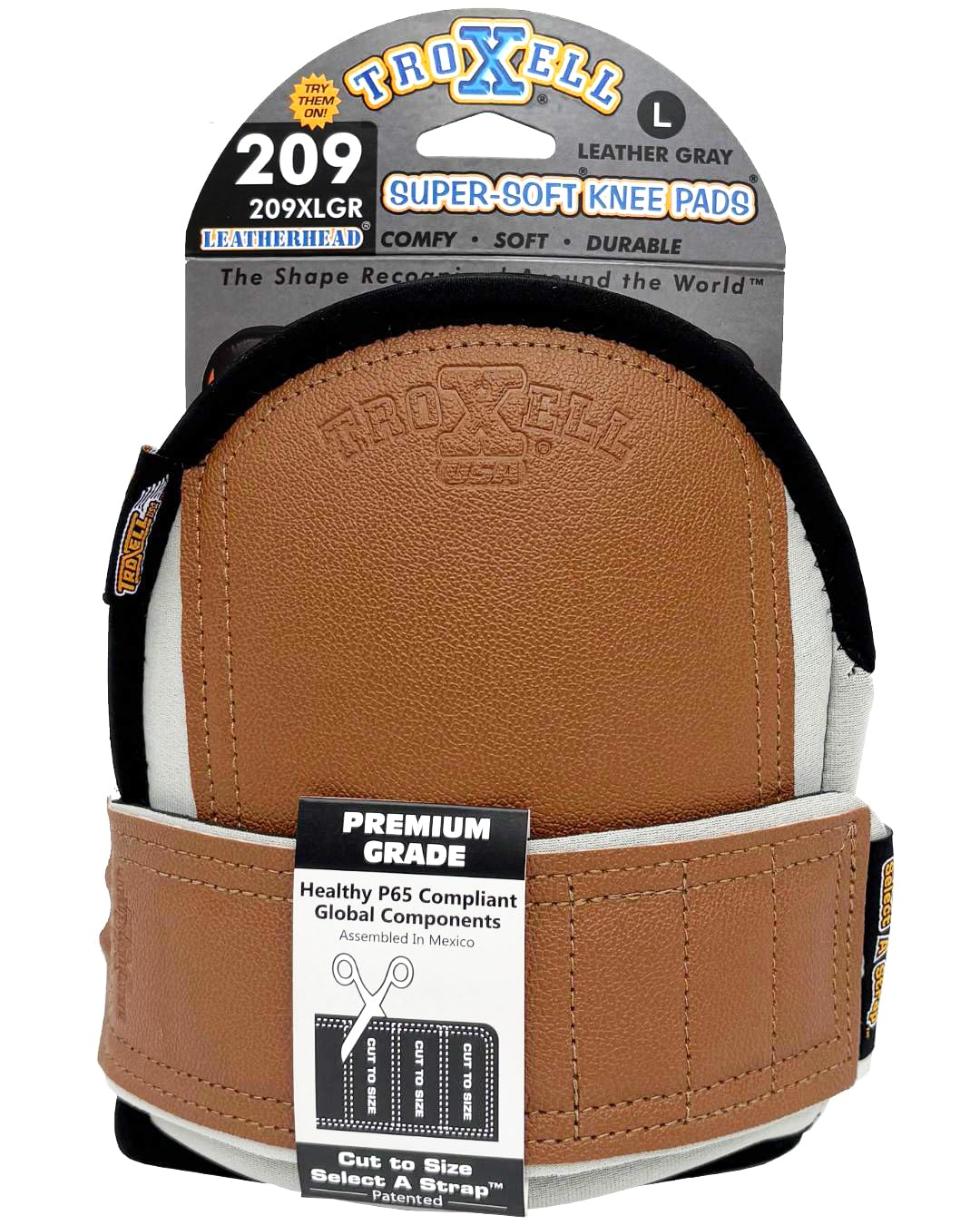 TROXELL USA Super-Soft Large Leatherhead Gray Knee Pads - Comfortable, Adjustable, Washable Kneepads