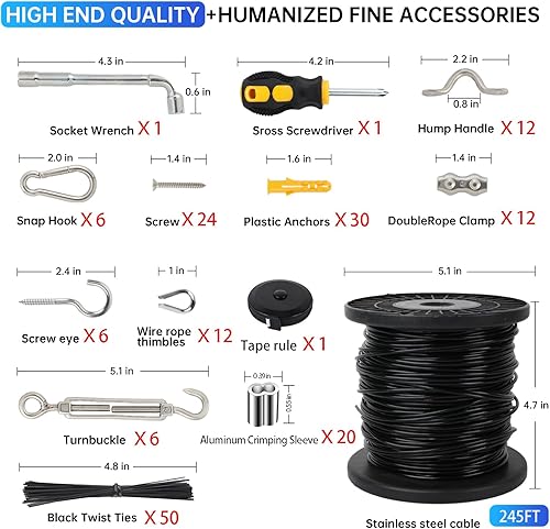 Miniatura 6 de Kit de cable de cable de acero inoxidable 304 con revestimiento de vinilo negro de 246 pies  Cadena de luz resistente para exteriores, cable guía